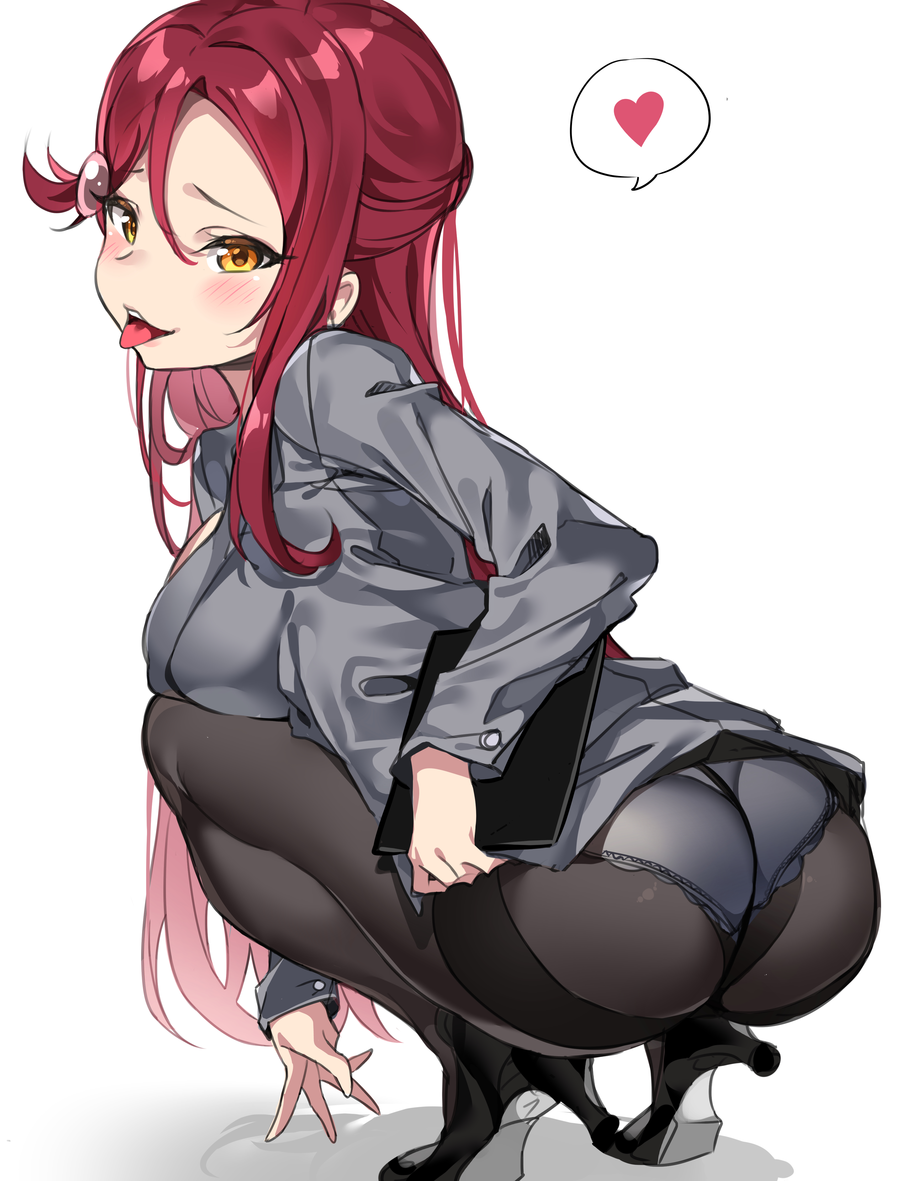 1girls, absurd res, amber eyes, blush, female, fully clothed, love live!, love live! sunshine!!, open eyes, open mouth, panties under pantyhose, pantyhose, red hair, sakurauchi riko, solo, squatting, tem10, tongue, tongue out, white background, yellow eyes