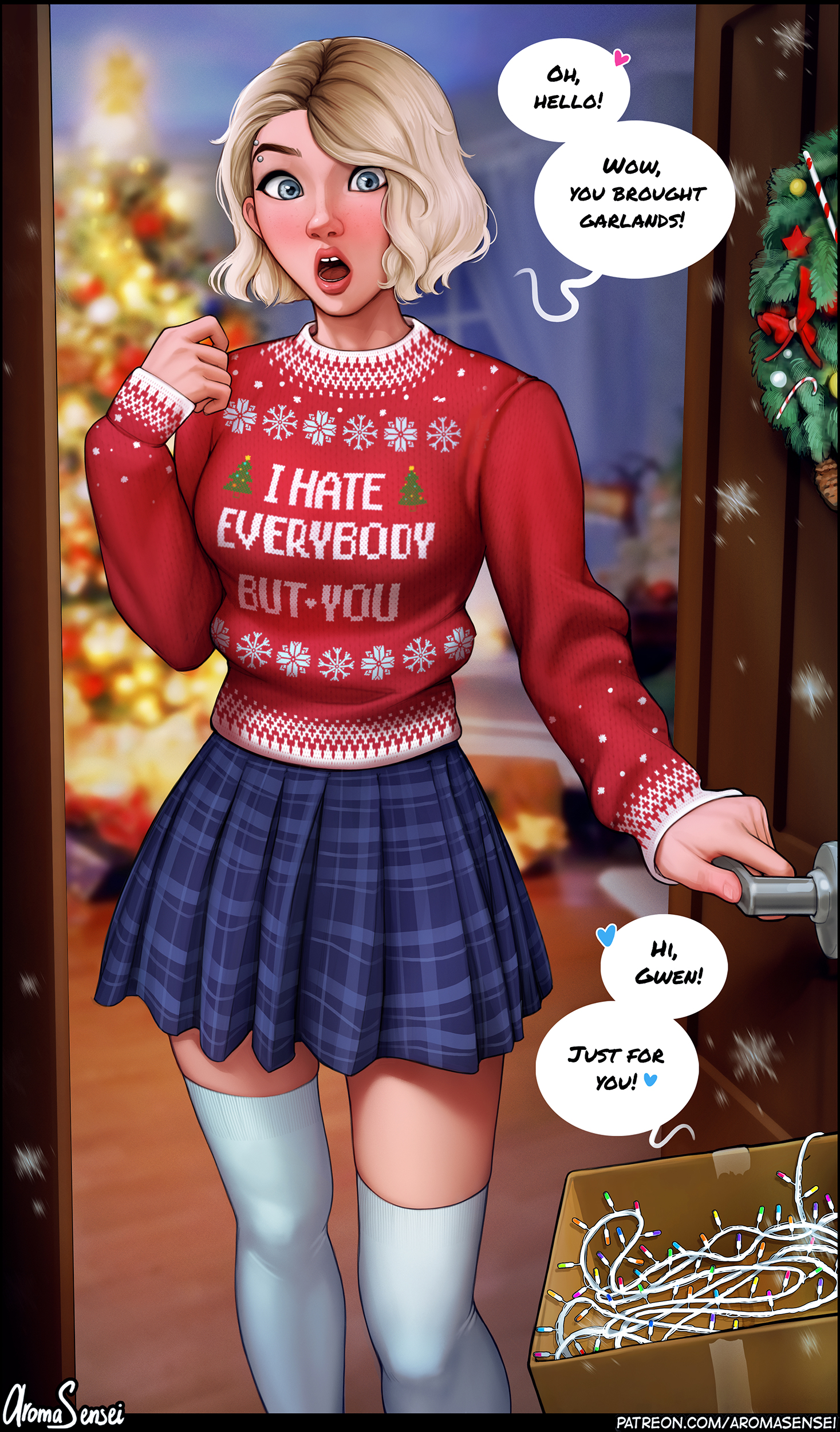 1girls, aroma sensei, blonde female, blonde hair, christmas, christmas lights, clothed, clothed female, clothing, english dialogue, english text, eyebrow piercing, female, female only, grey eyes, gwen stacy, hearts around text, light skin, light-skinned female, looking at viewer, male, male pov, marvel, marvel comics, opening door, piercing, skirt, solo, speech bubble, spider-gwen, spider-man (series), spider-man: into the spider-verse, stockings, sweater, text