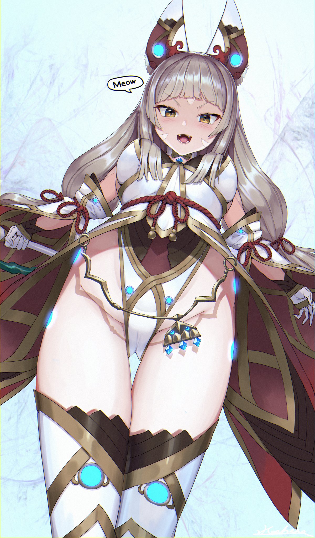 1girls, animal ears, backlighting, bangs, bare shoulders, blush, breasts, cameltoe, cat ears, chest jewel, cleavage, covered navel, eyebrows visible through hair, facial mark, fangs, female, from below, gem, gloves, glowing, highleg, highleg leotard, highres, jewelry, large breasts, leotard, long hair, looking at viewer, low twintails, naughty face, nekoemonn, nia, nia (blade), nia (xenoblade), nintendo, open mouth, pussy, ribbon, silver hair, smile, solo, symbol-shaped pupils, thighs, twintails, very long hair, xenoblade (series), xenoblade chronicles 2, yellow eyes