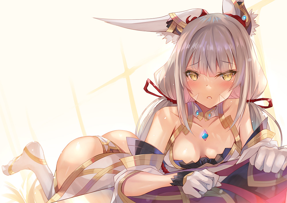 1girls animal_ears ass backlighting bangs bare_shoulders bed blush breasts chest_jewel detached_sleeves eyebrows_visible_through_hair facial_mark female gloves highleg highleg_leotard hinot leotard long_hair looking_at_viewer low_twintails lying medium_breasts nia nia_(blade) nia_(xenoblade) nintendo open_mouth ribbon silver_hair spoilers symbol-shaped_pupils twintails very_long_hair xenoblade_(series) xenoblade_chronicles_2 yellow_eyes