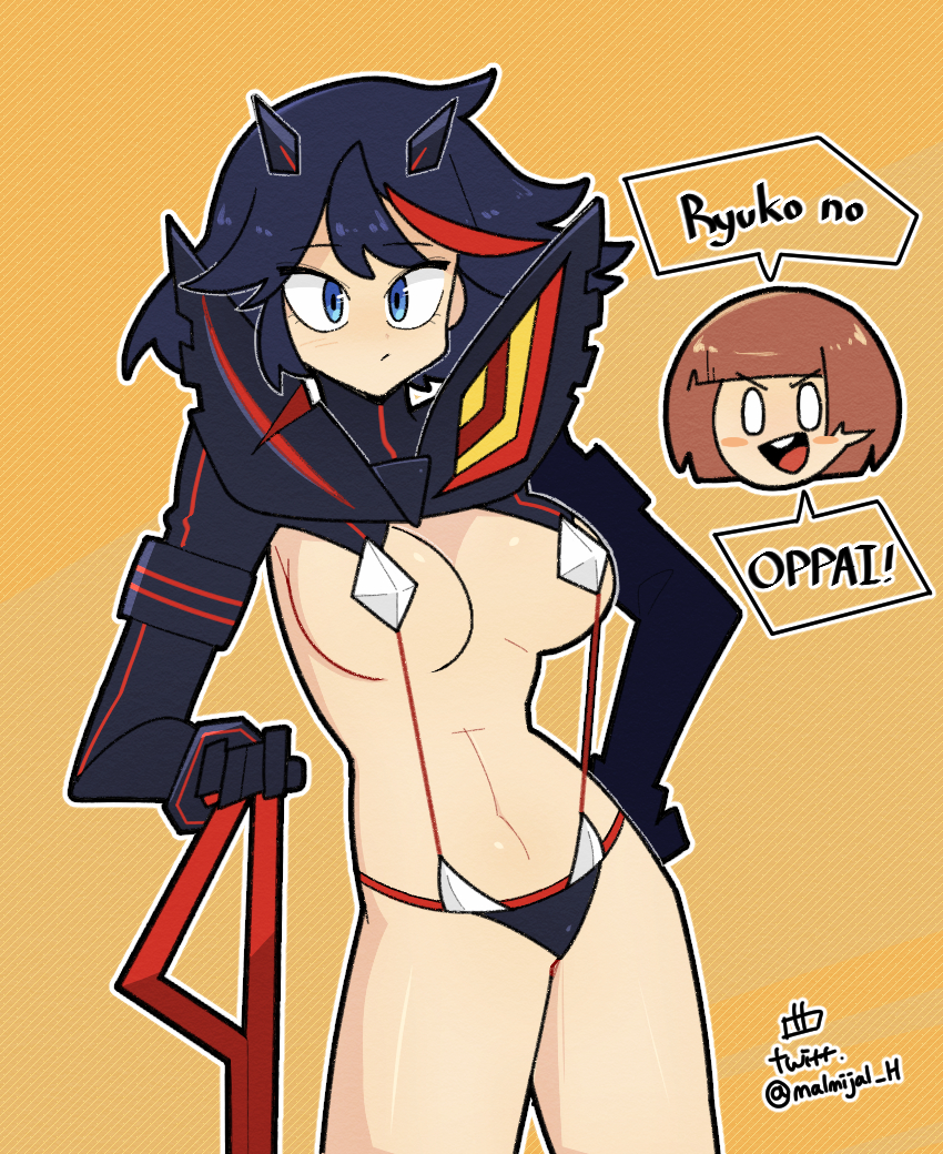 2girls, black hair, blue eyes, blush, breasts, female, female only, kill la kill, malmijal hyang, mankanshoku mako, marumi scent, matoi ryuuko, medium breasts, multiple females, multiple girls, panties, senketsu