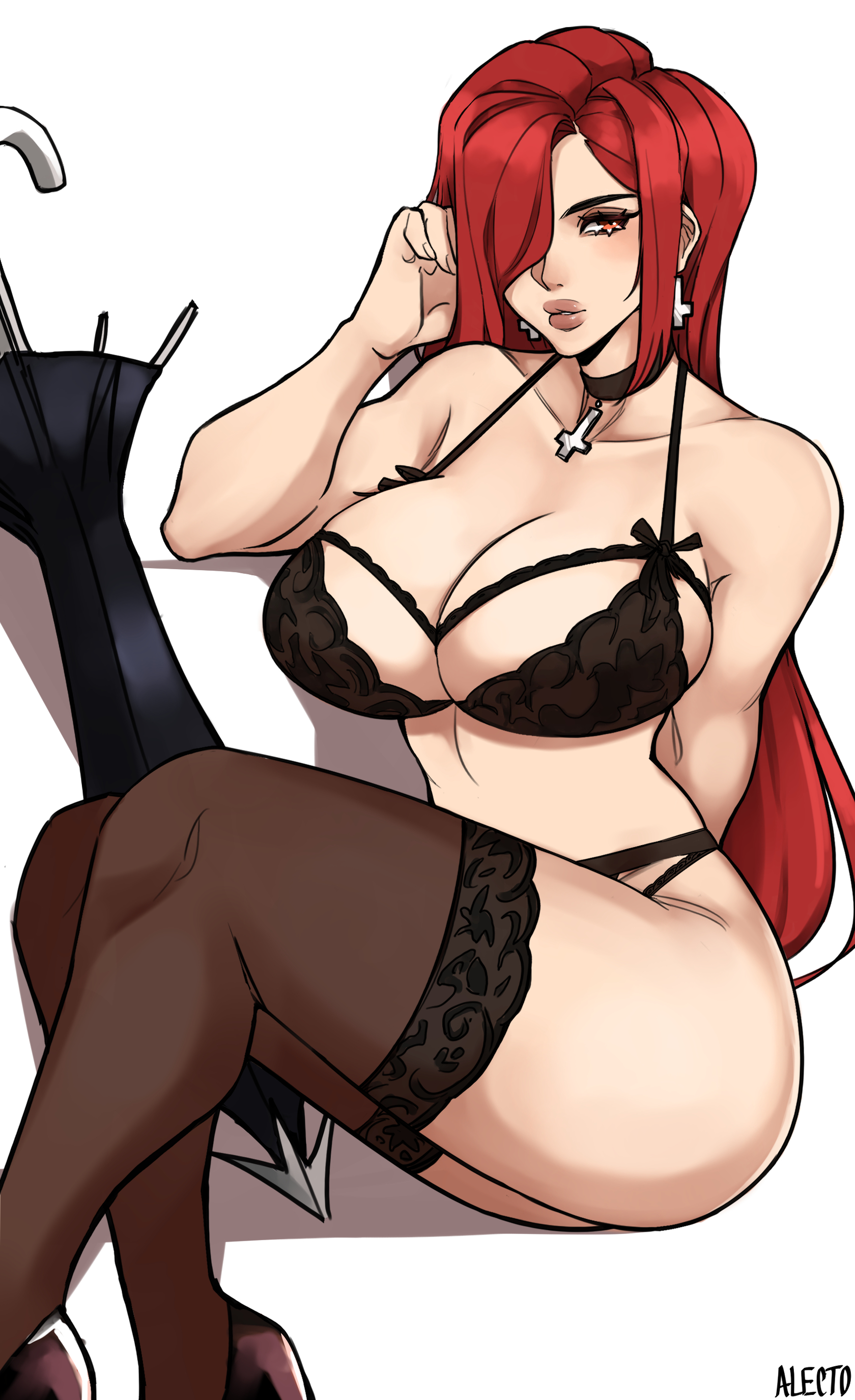 1girls, absurd res, alecto 0, black bra, black footwear, black panties, black underwear, bra, breasts, choker, cross, female, hair over one eye, hi res, high heels, jewelry, krieg (skullgirls), large breasts, lips, long hair, orange eyes, pantsu, parasoul, red eyes, red hair, shoes, simple background, sitting, skullgirls, thighhighs, thighs, underwear, white background, yellow eyes