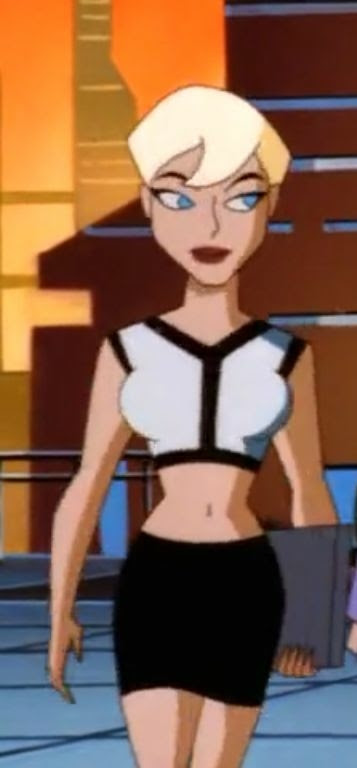 1girls batman_(series) batman_beyond belly_button blonde_hair blue_eyes breasts chelsea_cunningham dc dc_comics dcau female_only large_breasts short_hair skirt solo striped_shirt voluptuous