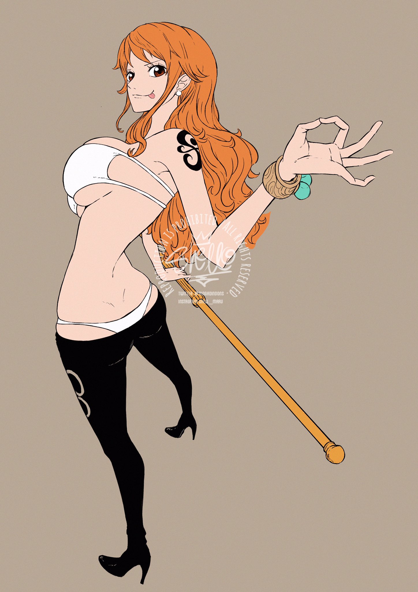 1girls, arm tattoo, ass, ass cleavage, ass crack, big breasts, bikini, black tattoo, breasts, butt crack, eyepatch bikini, female, female only, fully clothed, high heels, long hair, nami (one piece), one piece, orange hair, orange-haired female, post-timeskip, shellmaru, solo, tattoo, underwear