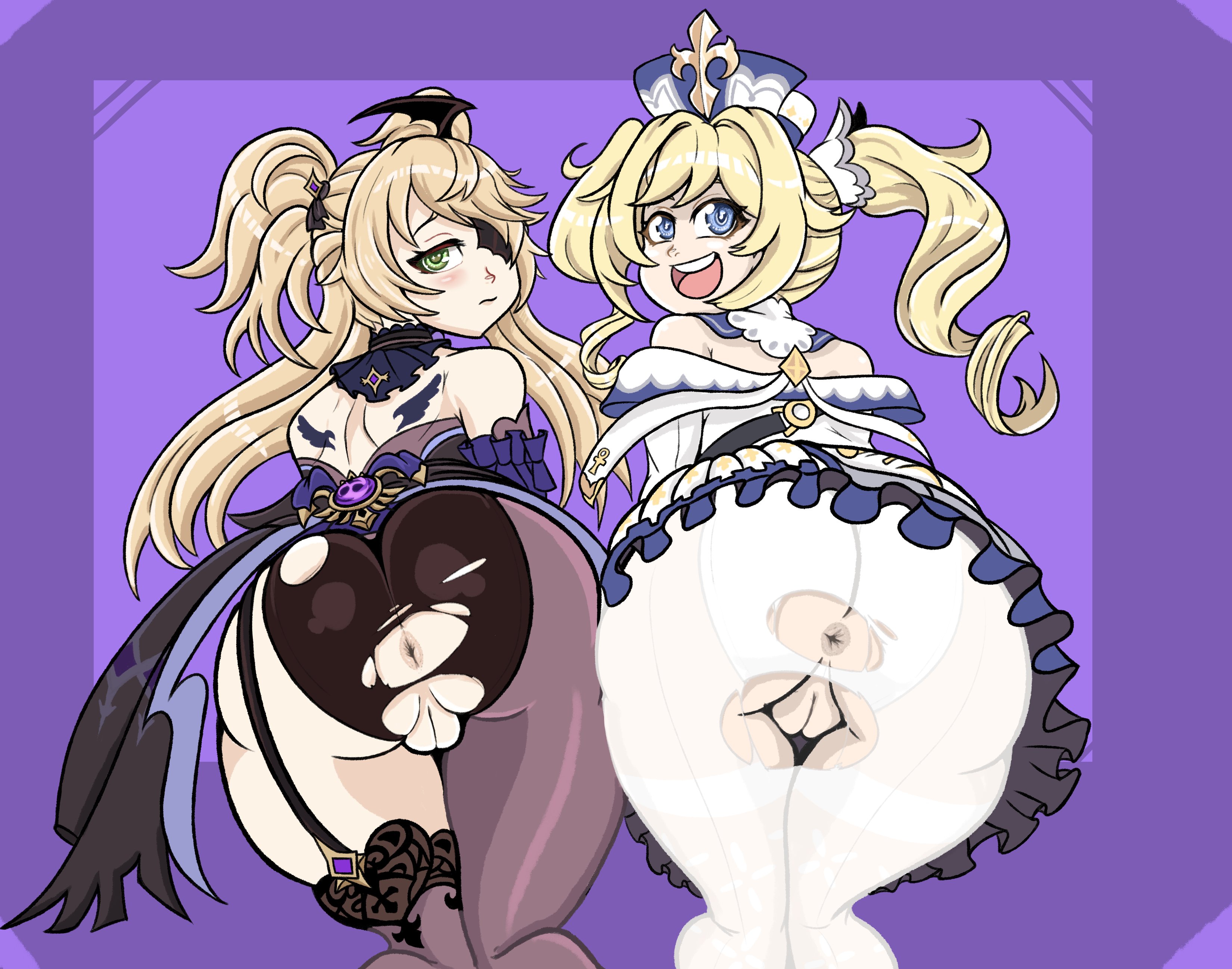2girls, anus, anus focus, ass, ass focus, bad id, barbara (genshin impact), big ass, blonde hair, blue eyes, blush, drillslewds, eye patch, eyepatch, fat mons, female, female only, fischl (genshin impact), genshin impact, green eyes, hair over one eye, huge ass, long hair, looking at viewer, looking back, medium hair, multiple females, multiple girls, nun, pantyhose, photo, presenting, presenting hindquarters, pussy, ripped clothing, simple background, smile, thick thighs, torn pantyhose, twintails, upskirt