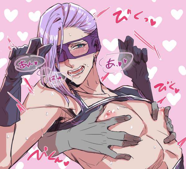 2boys, blush, drooling, earrings, erect nipples, gay, gloves, grabbing from behind, hands up, heart-shaped pupils, jojo's bizarre adventure, long hair, looking pleasured, male, male only, mask, melone, nipple play, nipple rub, nipple tweak, nipples, purple hair, solo focus, toned, toned male, vento aureo, yaoi