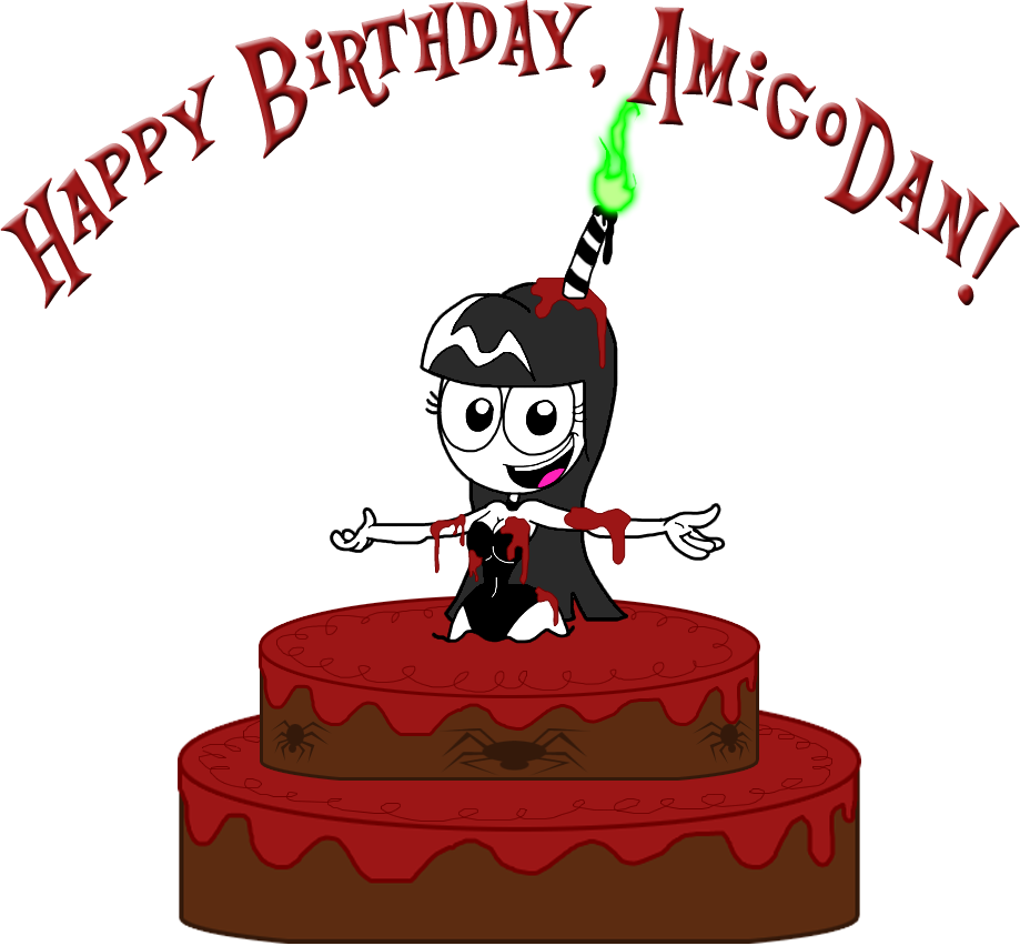 1girls amigodan birthday birthday_cake black_hair cake candle covered_in_frosting female female_only frosting leotard looking_at_viewer montatora-501 omegusmaximus original_character smile solo solo_female tenebra_(amigodan) white_skin