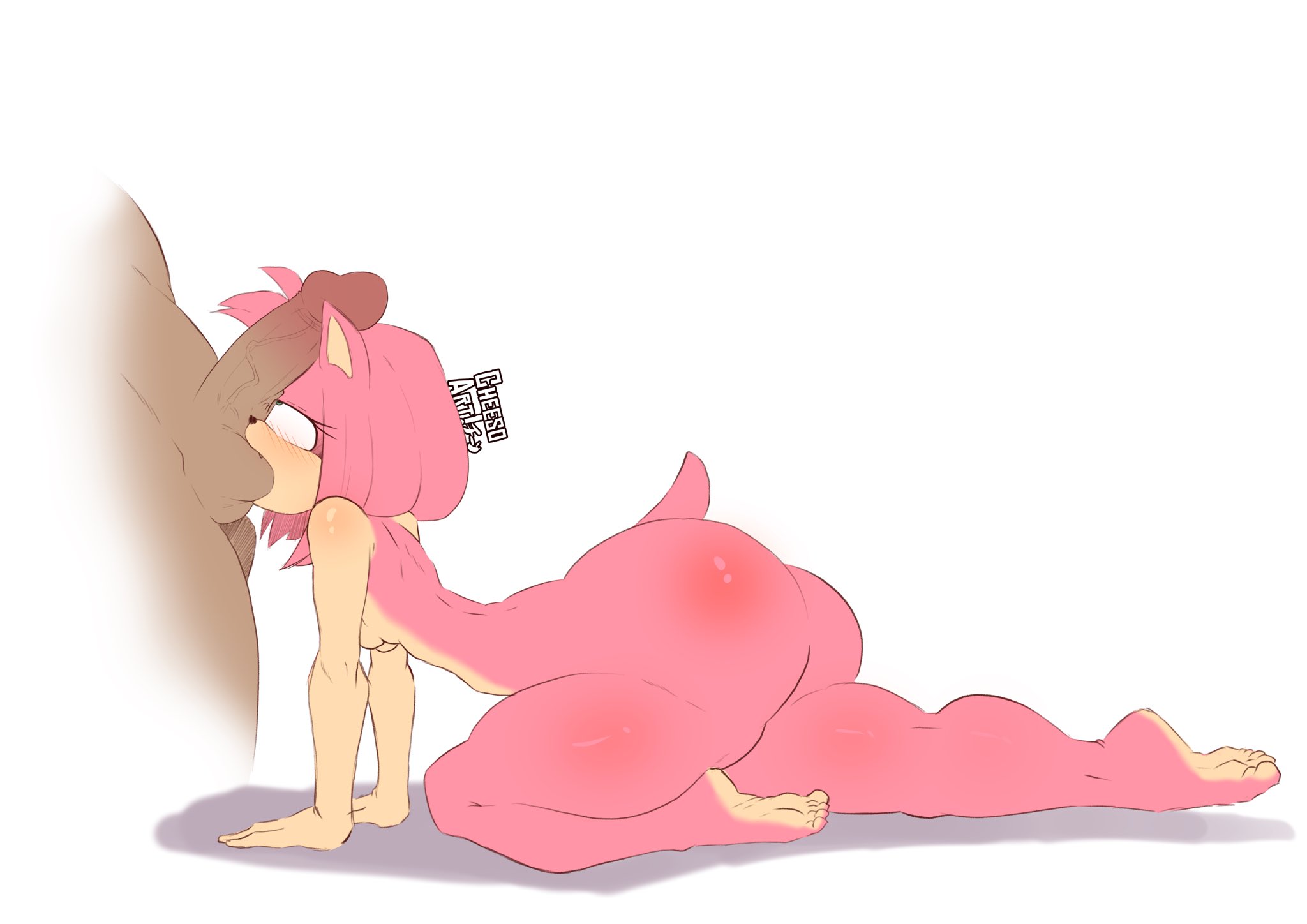1boy, 1girls, amy rose, anthro, ass, balls, balls sucking, cheesoart, eyes rolling back, female, huge ass, male, nude, oral, penis, penis on face, pink fur, sega, sonic (series)