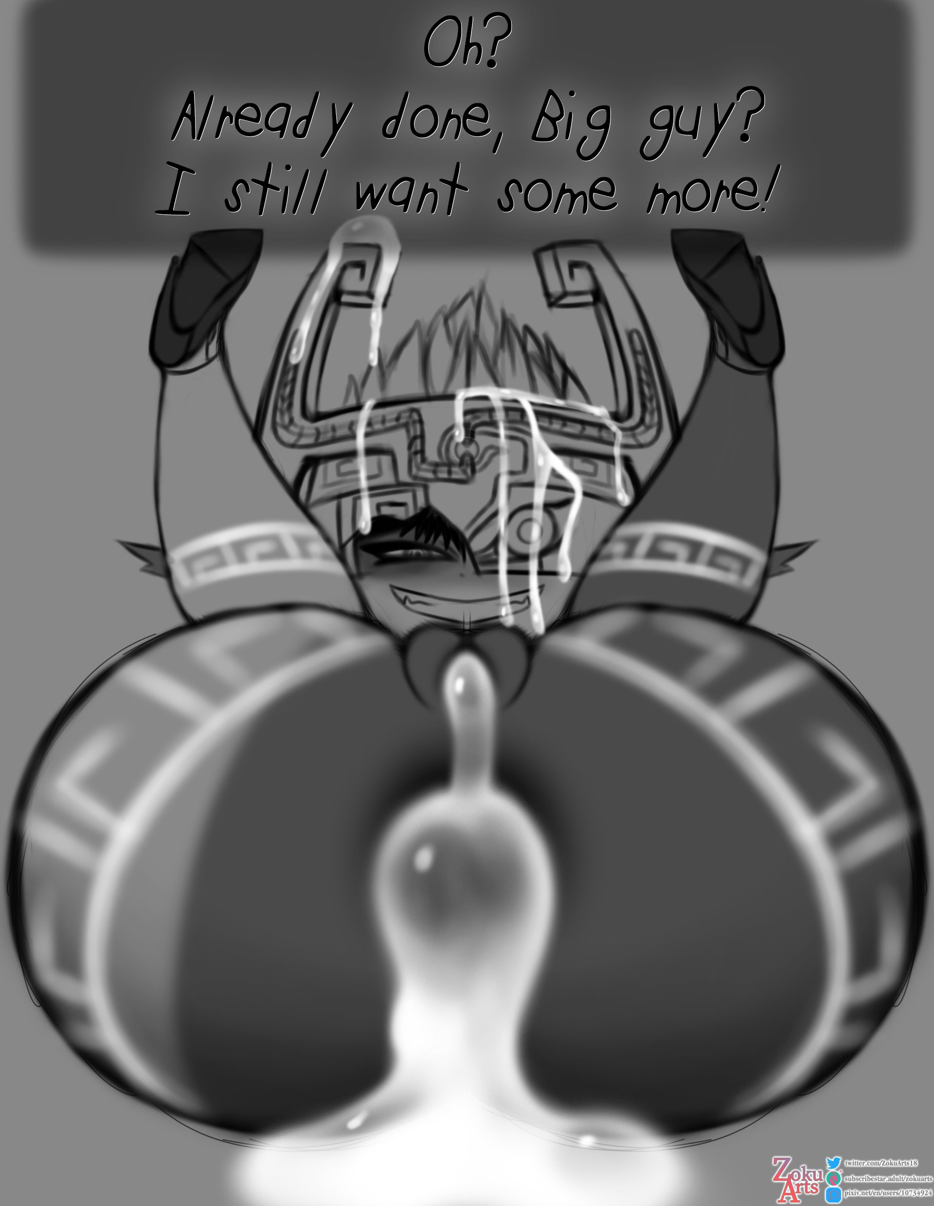 1girls, anal creampie, anus, black and white, creampie, dialogue, female, grin, helmet, high heels, imp midna, looking at viewer, midna, nintendo, pointy ears, smile, solo female, spread legs, text, the legend of zelda, twilight princess, zokuarts