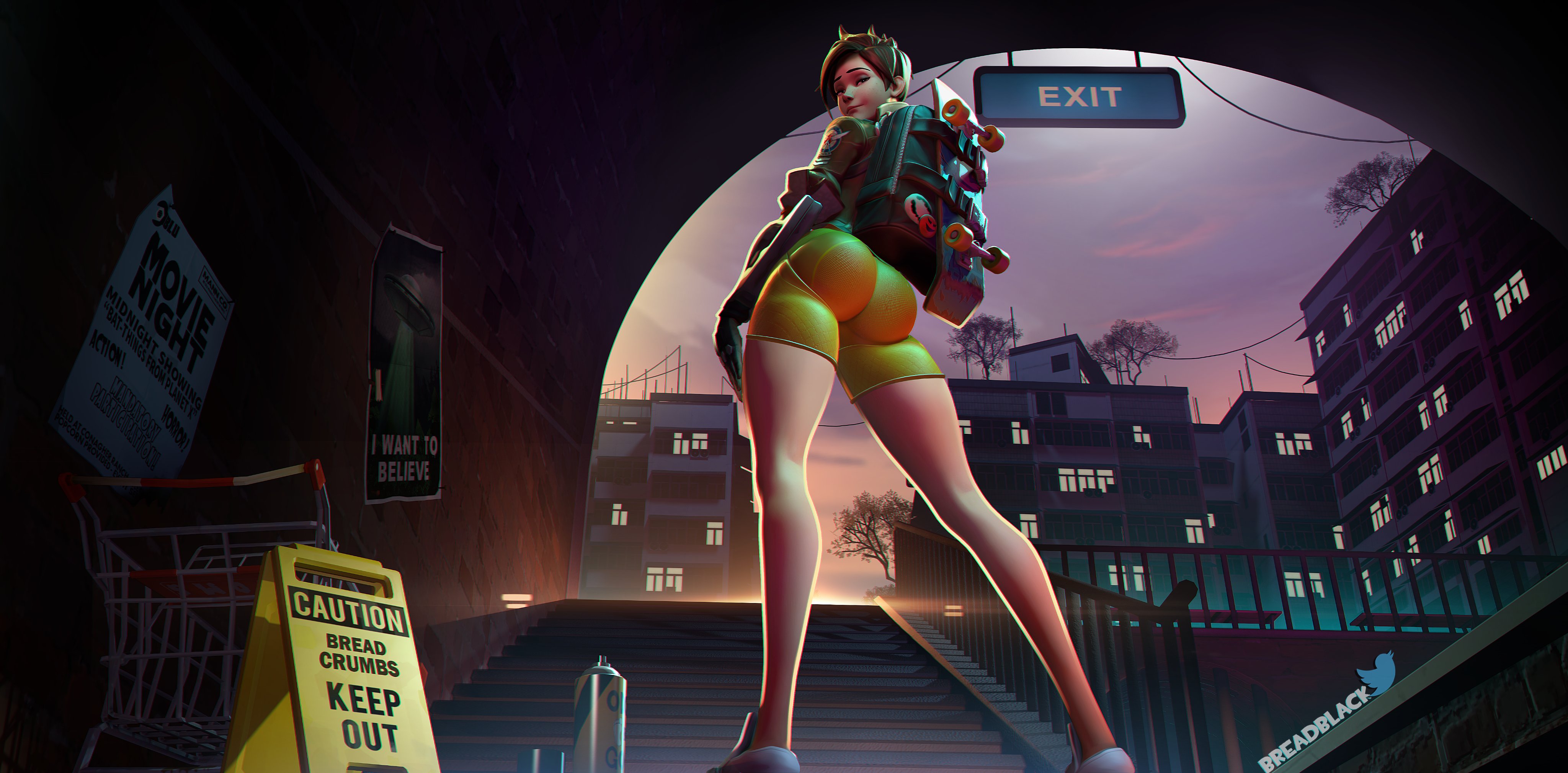 3d, 3d (artwork), absurd res, absurdres, artist name, ass, ass focus, bag, blizzard entertainment, booty shorts, breadblack, brown hair, bubble ass, bubble butt, casual, city, fat ass, female, female focus, female only, fully clothed, huge ass, human, large ass, leather jacket, long legs, looking at viewer, looking back, looking down, looking over shoulder, muscular, muscular thighs, overwatch, pale skin, round ass, short hair, smirk, smirking, spandex, sportswear, thick ass, thick thighs, thighs, tight clothing, tight pants, tracer, twitter, twitter username, wallpaper, wide hips, widescreen