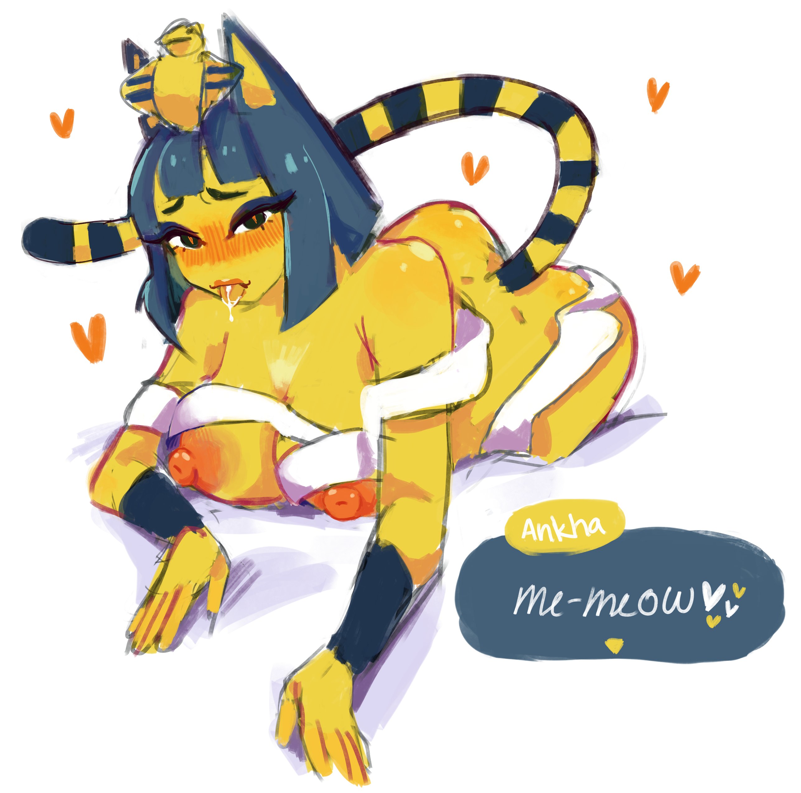 1girls, alternate body type, alternate breast size, animal crossing, animal ears, ankha, ass, blush, breasts, cat ears, cat girl, cat humanoid, cat tail, catgirl, dialogue, feline, female, large breasts, nintendo, peachii, solo, tail, text, tongue, tongue out, yellow fur