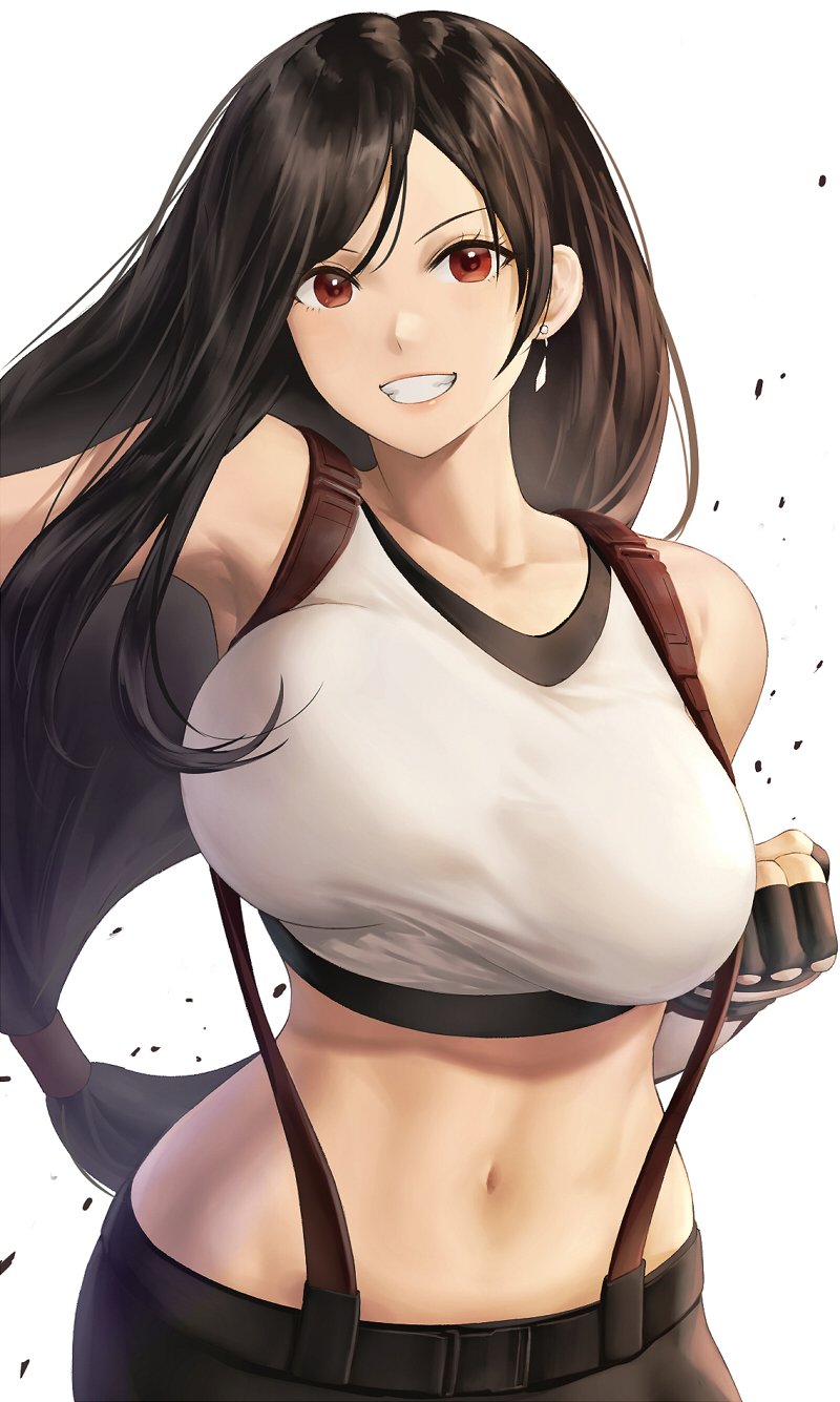 1girls 5_fingers armpits bare_shoulders belly belly_button big_breasts black_hair bouncing_breasts breasts clenched_hand clenched_teeth clothed clothes clothing earrings eyebrows eyelashes feet_out_of_frame female female_only final_fantasy final_fantasy_vii fingerless_gloves front_view highres huge_breasts human human_only large_breasts long_hair looking_at_viewer mammal midriff navel nhaliz red_eyes simple_background smile smiling smiling_at_viewer solo solo_female square_enix standing stomach tank_top teeth tifa_lockhart voluptuous white_background