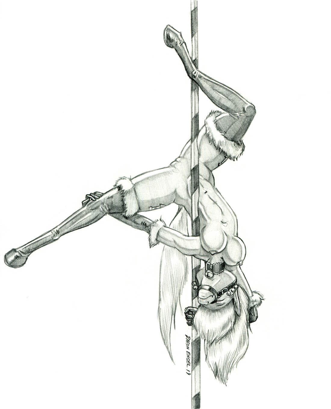 anthro armwear baron_engel bell breasts bride carousel_(character) choker clothing dancing earth_pony elbow_gloves equid equine female genitals gloves graphite_(artwork) handwear hanging_breasts hasbro hi_res horse jewelry legwear mammal my_little_pony necklace nude pencil_(artwork) pole pole_dancing pony pussy sketch solo thigh_highs traditional_media_(artwork) upside-down