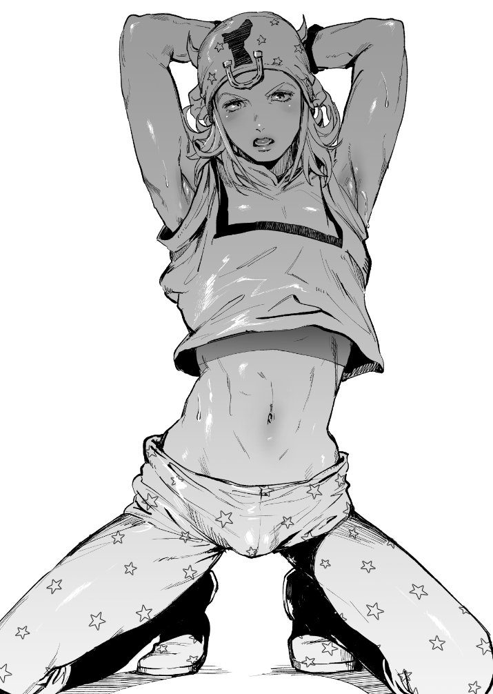 1boy, armpit, armpits, arms behind head, arms up, beanie, bulge, clothed, crop top, hands behind head, johnny joestar, jojo's bizarre adventure, looking at viewer, male, male only, midriff, on knees, open mouth, solo male, steel ball run, sweat