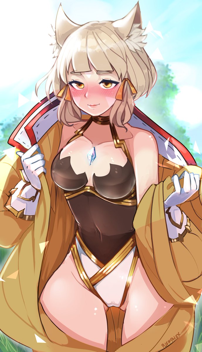 1girls, animal ears, blush, bodysuit, cat ears, cleavage, female, nia, nia (xenoblade), nintendo, puffphox, solo, xenoblade (series), xenoblade chronicles 2