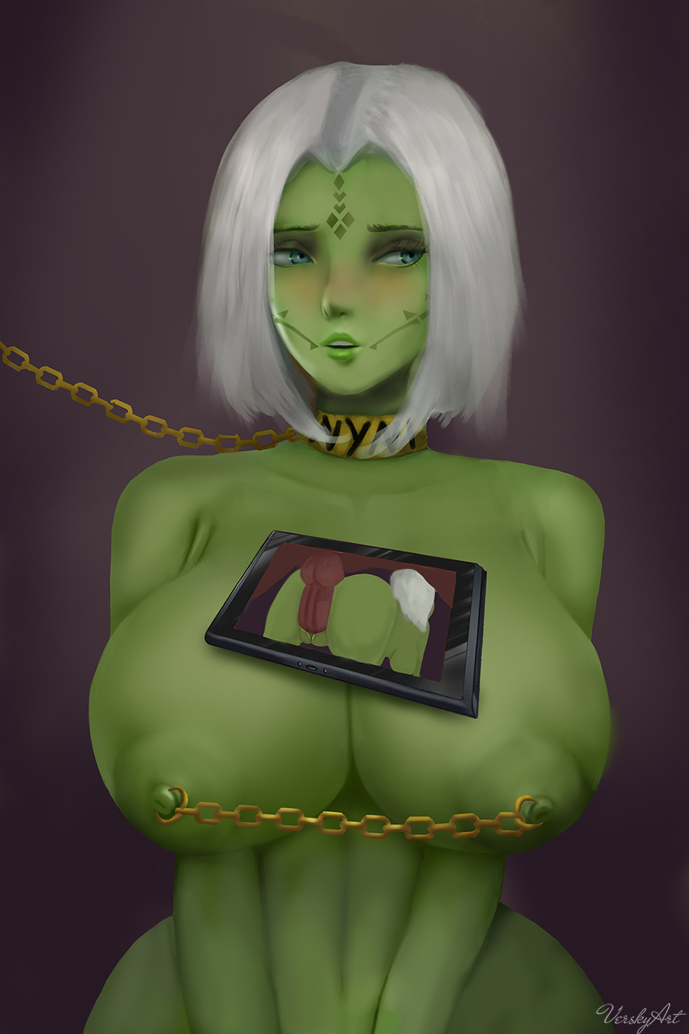 1girls aqua_eyes bondage breasts chain_leash chains collar female femsub green_skin huge_breasts leash medium_hair mirialan nipple_chain nude nyni original_character sex_slave slave slave_collar slavegirl solo star_wars submissive_female versky voluptuous white_hair wide_hips