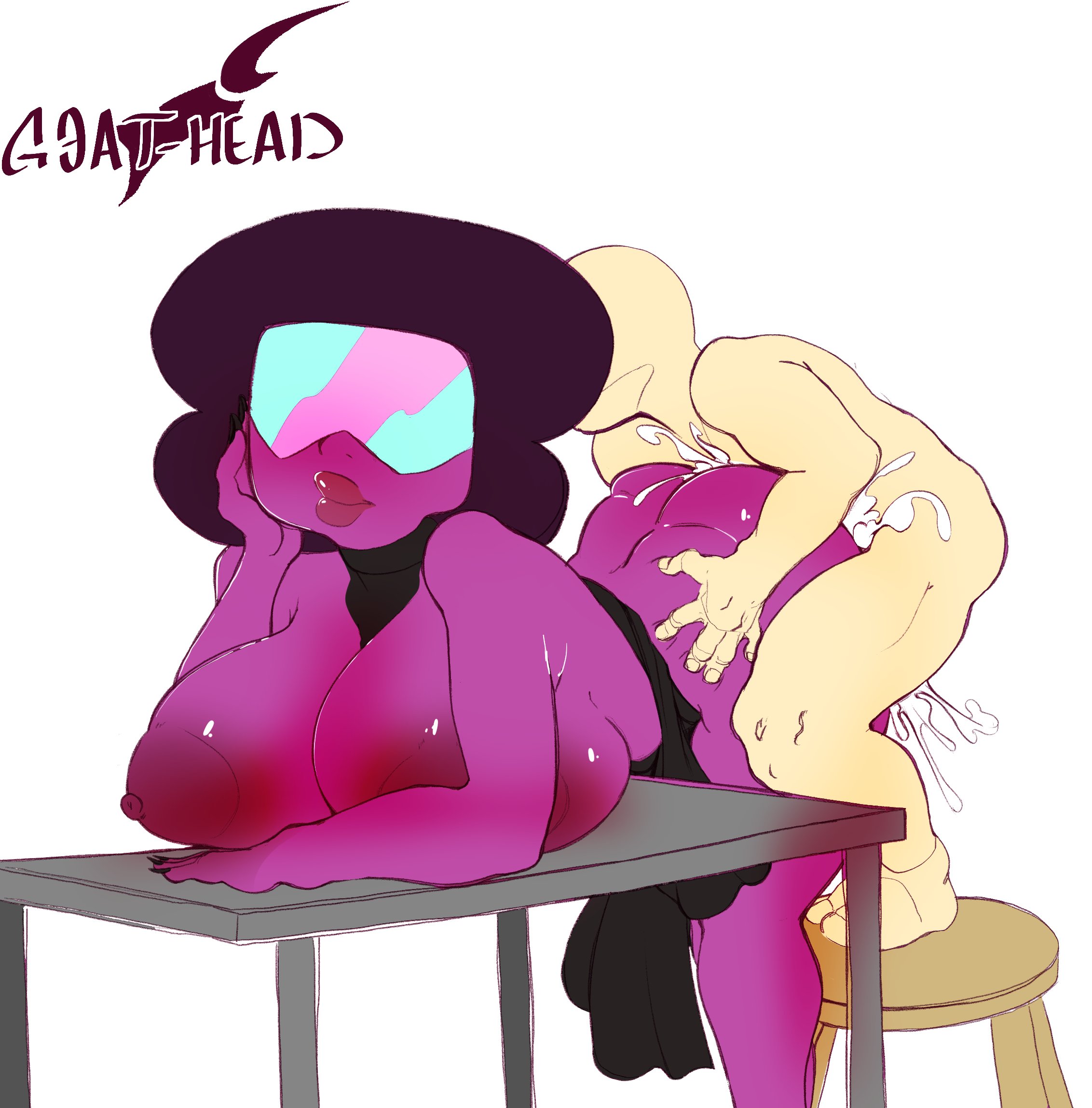 2girls, ambiguous penetration, areolae, ass, ass grab, big breasts, breasts, breasts out, busty, cartoon network, clothed, clothing, cum, cum inside, curvaceous, curvy, female, female focus, female only, garnet (steven universe), garter straps, gem (species), gem fusion, goat-head (artist), high heels, hourglass figure, huge breasts, larger female, milf, multiple females, multiple girls, on table, sex, steven universe, stockings, tagme, thick thighs, thighhighs, voluptuous, wide hips