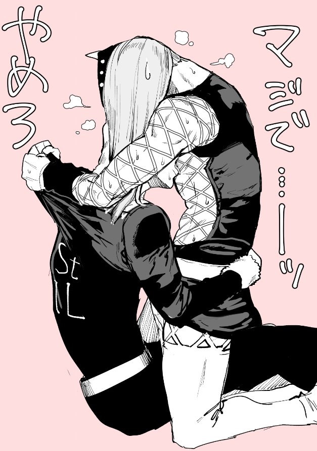 2boys, angry, annoyed, clothed, clothes pull, clothing pull, fighting, fishnet shirt, fishnets, gay, jojo's bizarre adventure, licking, licking nipples, long hair, male, male only, narciso anasui, nipple licking, nipple play, sitting on lap, stone ocean, straddling, thighhighs, weather report, yaoi