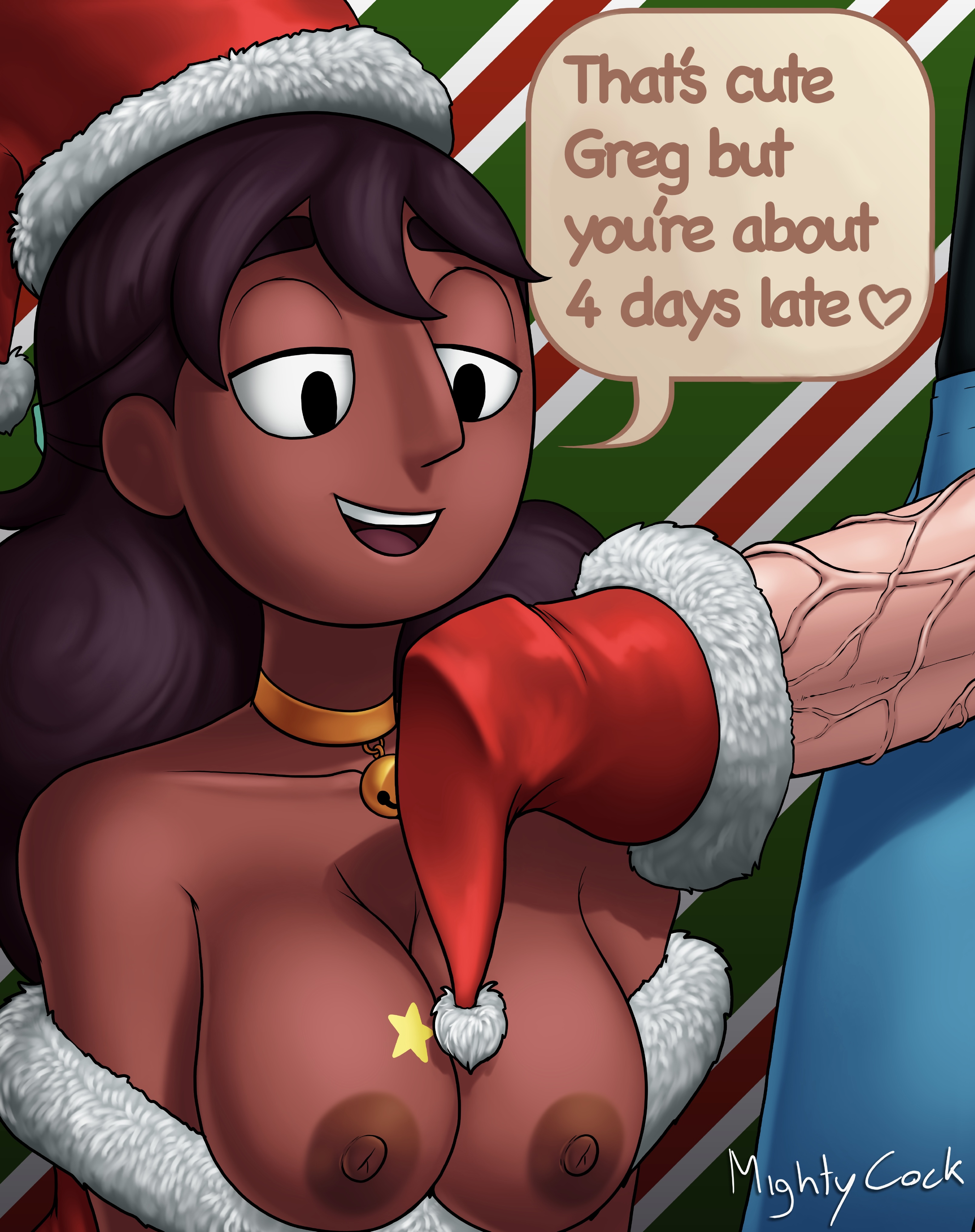 1boy, 1girls, big breasts, big penis, black hair, breasts, breasts out, cartoon network, christmas, christmas outfit, connie maheswaran, dark skin, dark-skinned female, father and son's girlfriend, female, greg universe, huge cock, indian, interracial, light skin, light-skinned male, male, mightycock, older male, pale skin, pale-skinned male, penis, santa hat, steven universe, unseen male face, younger female