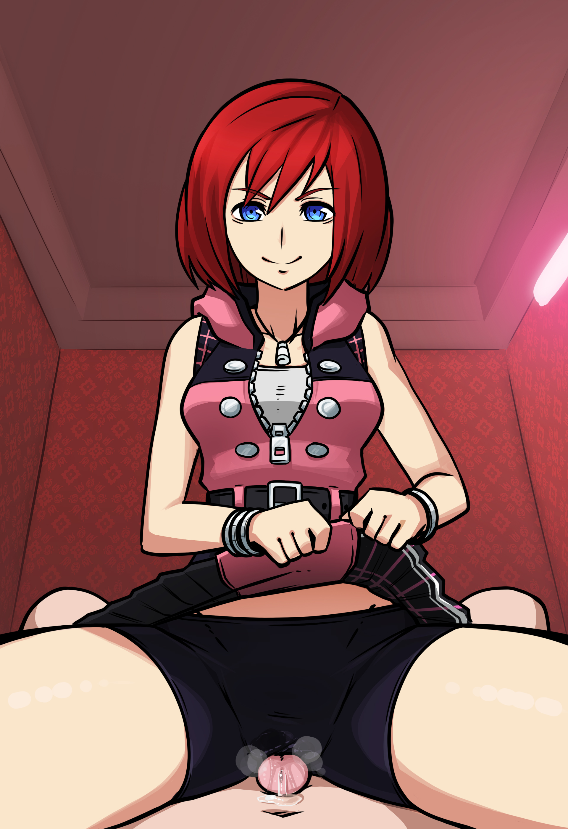 1boy, 1girls, bike shorts, blue eyes, clothed female nude male, cowgirl position, disney, female, game cg, grinding, kairi, kingdom hearts, male, male pov, mosbles, outercourse, penis, pov, red hair, red-haired female, short hair, short red hair, smile, spats, square enix, sumata cafe, upskirt
