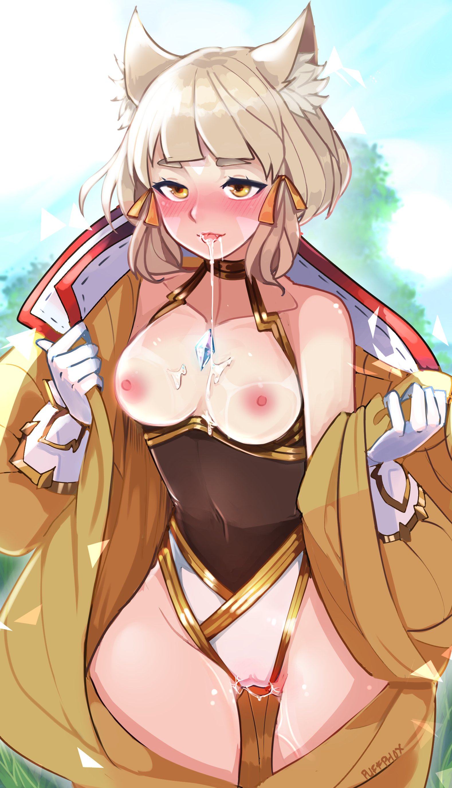 1girls, animal ear fluff, animal ears, aroused, blush, bodysuit, breasts, breasts out, cat ears, cum, deepthroat invitation, dripping pussy, drool on breasts, drool string, drooling, exposed breasts, exposed shoulders, female, gloves, hi res, highres, inviting to sex, medium breasts, nia, nia (xenoblade), nintendo, oral insinuation, oral invitation, puffphox, pussy, pussy juice, pussy juice drip, pussy juice string, saliva, saliva drip, saliva string, sexually suggestive, short hair, solo, xenoblade (series), xenoblade chronicles 2