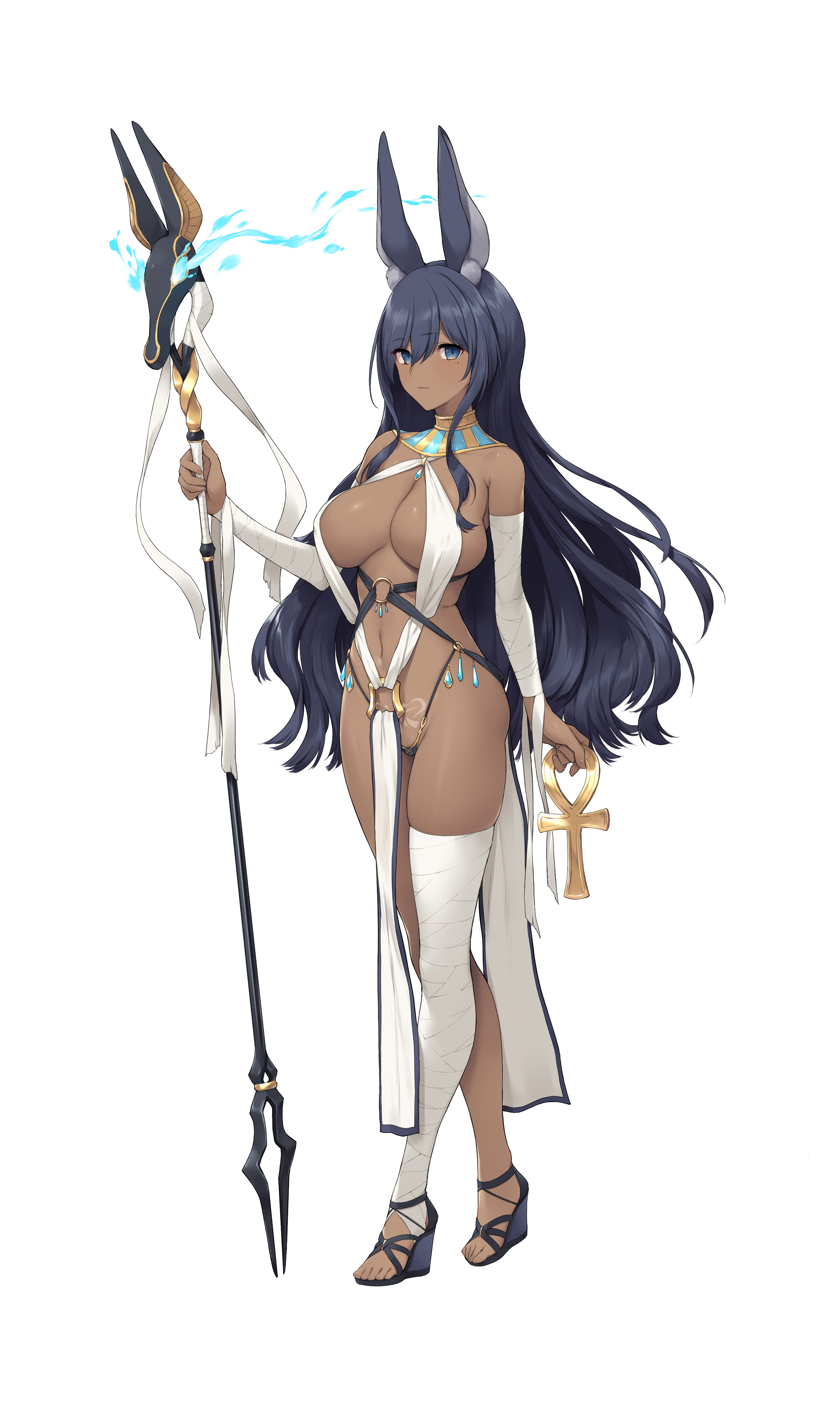 1girls, animal ears, anubian jackal, anubis, artist request, breasts, dark skin, dark-skinned female, egyptian, female, female only, large breasts, staff, white background
