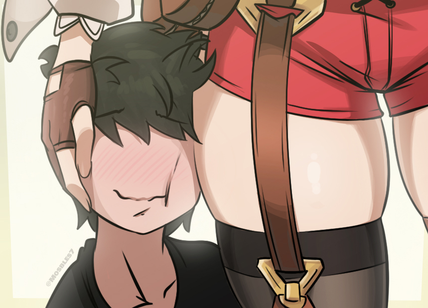 1boy, 1girls, atelier (series), atelier ryza, blush, faceless male, female, male, mosbles, reisalin stout, thick thighs, thighhighs