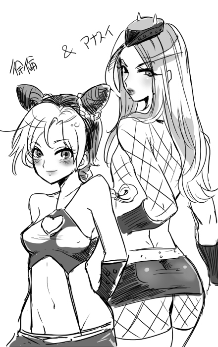 1boy, 1girls, arms behind back, blush, cleavage cutout, crop top, facing away, female, femboy, fishnet shirt, fishnet stockings, fishnets, jojo's bizarre adventure, jolyne kujo, long hair, looking at viewer, looking back, male, miniskirt, narciso anasui, smaller female, smile, stone ocean, taller male, thigh boots, thighhighs, trap