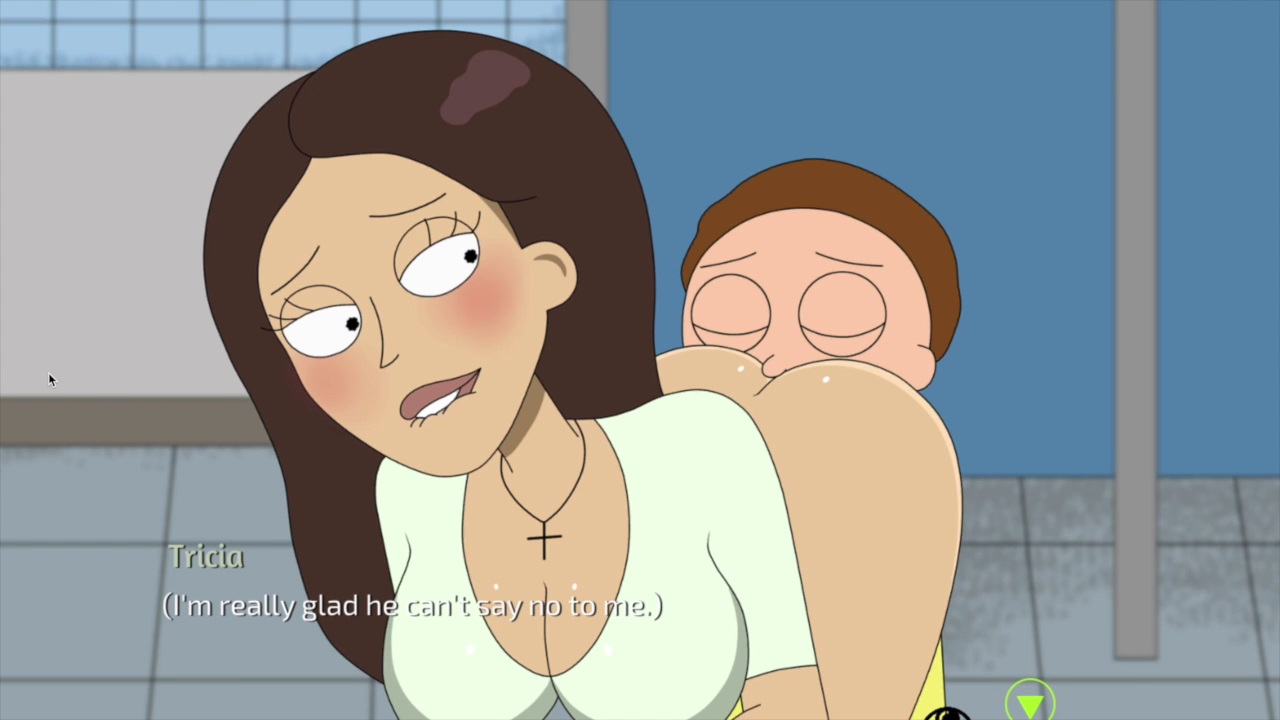 1boy, 1girls, adult swim, anilingus, ass, bathroom, bent over, biting lip, blush, bottomless, breasts, brown hair, cleavage, crop top, disembodied tongue, faceless male, female, ferdafs, lipstick, long hair, looking back, male, morty smith, rick and morty, rick and morty: a way back home, rimjob, rimming, rimming female, tricia lange
