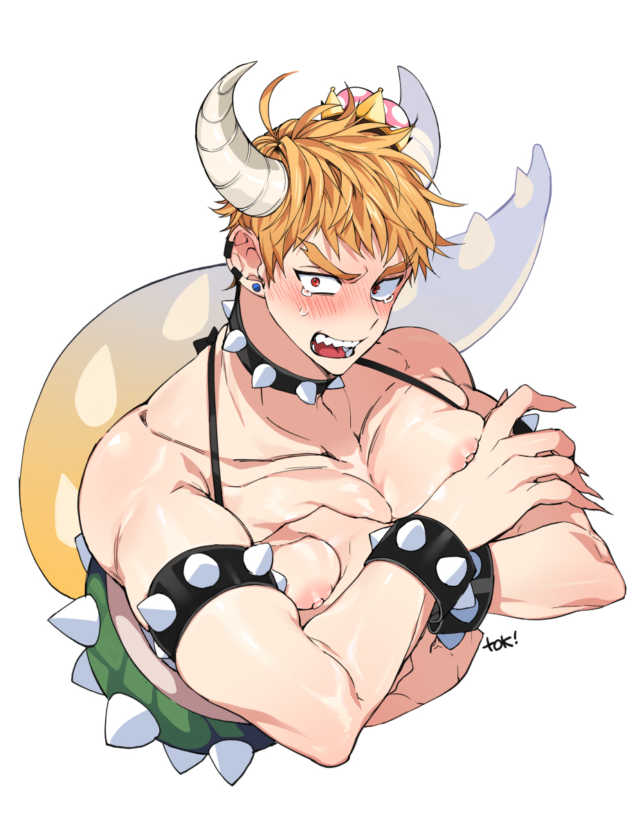 1boy ambush_(trap) bara big_eyebrows big_pecs bitch_bara blonde_hair blush bowsette breast_squish collar covering_breasts covering_self crying earrings embarrassed gijinka horns human humanized hybrid latex lizard_tail male_bowsette male_only man_boobs mario_(series) muscular muscular_male new_super_mario_bros._u_deluxe pecs red_eyes sharp_fingernails sharp_teeth solo_male spiked_collar super_crown tail tokumei