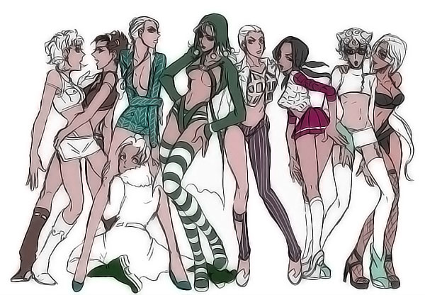 big_breasts boots breasts cleavage clothed crop_top female female_only fishnet_stockings fishnets formaggio gelato_(jjba) ghiaccio illuso jojo's_bizarre_adventure kneehighs lesbian mask melone miniskirt multiple_girls panties pesci prosciutto risotto_nero rule_63 shounen_jump skimpy sorbet_(jjba) thighhighs vento_aureo