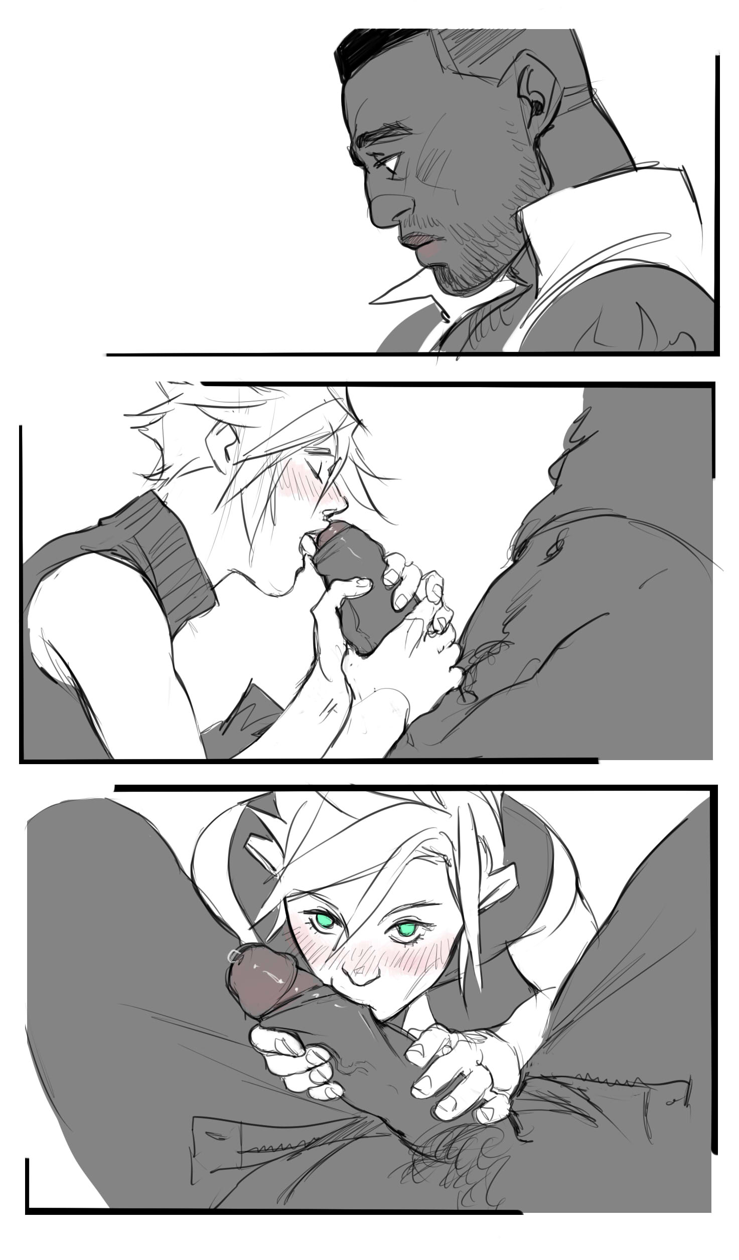 2boys, barret wallace, blowjob, blue eyes, blush, boner, cloud strife, comic, cum, dark skin, dark-skinned male, erection, fellatio, final fantasy, final fantasy vii, foreskin, gay, interracial, kaciart, male, male only, monochrome, nude, oral, oral sex, penis, square enix, uncircumcised, yaoi