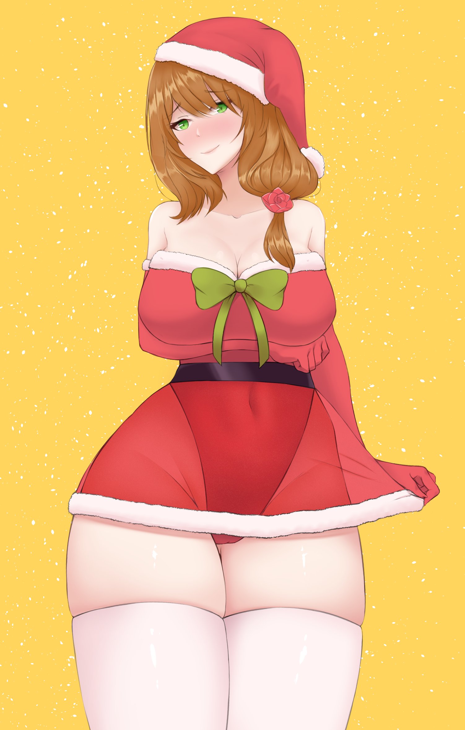 belt brown_hair christmas christmas_outfit female fraankyy genshin_impact gloves green_eyes green_ribbons large_breasts lisa_(genshin_impact) looking_at_viewer ribbon santa_hat shy standing thick_thighs thighhighs white_thighhighs wide_hips