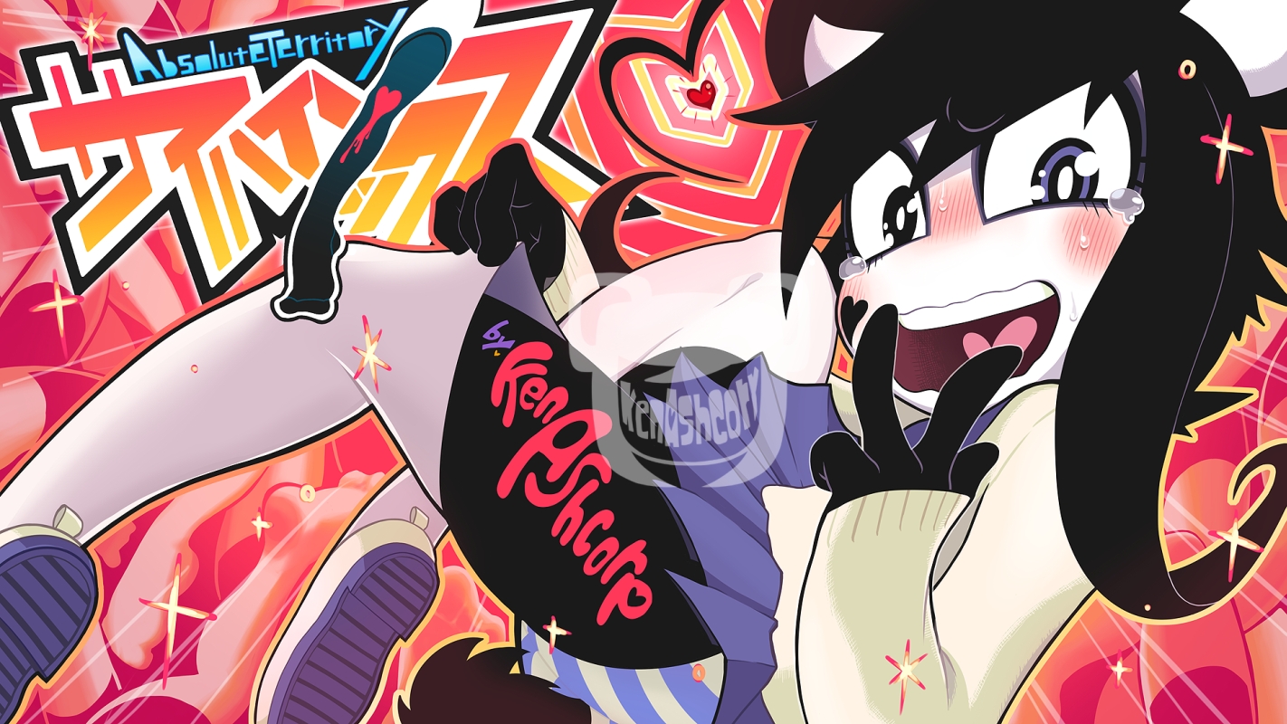 absolute territory, anthro, flashing, gashi-gashi, kenny (kenashcorp), looking at viewer, official art, original, panda, panties, pantyshot, peace sign, skirt, skirt lift, skirt pull, smile, smiling, tears, thighhighs, thighs, v sign, zettai ryouiki