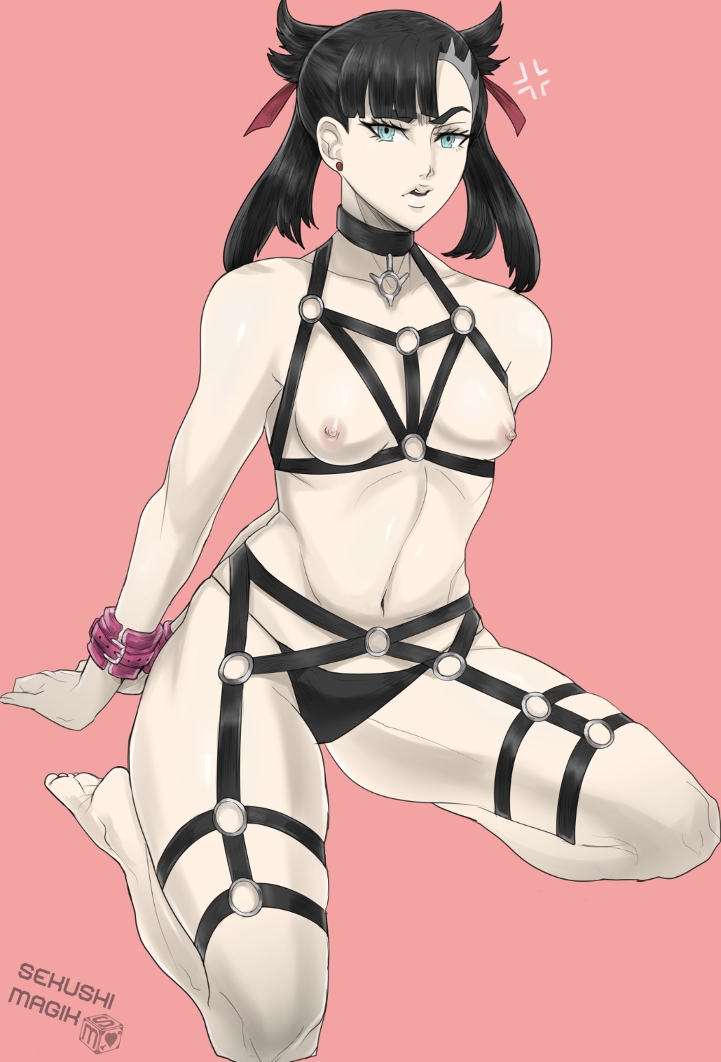 black hair, blue eyes, bondage, breasts, ear piercing, exposed breasts, eye contact, female, hair ribbon, hands behind back, marnie (pokemon), nintendo, pokemon, pokemon ss, sekushimagik, tied up