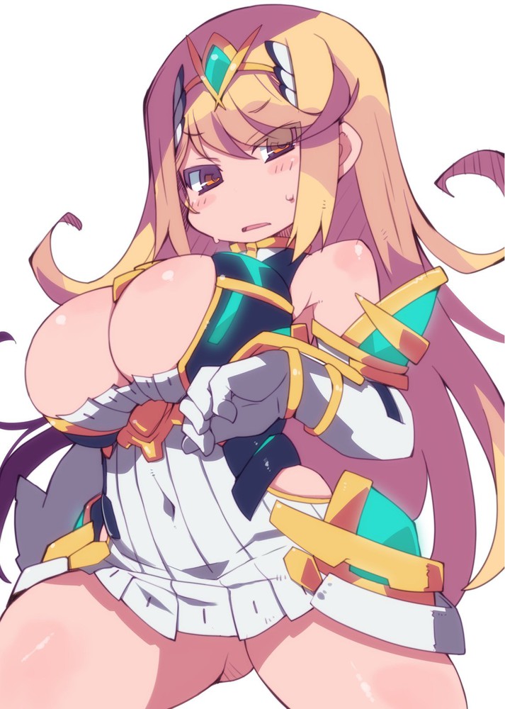 1girls, bangs, blonde hair, breasts, cleavage, cleavage cutout, clothing cutout, covered navel, dress, female, gloves, gluteal fold, headpiece, high resolution, large breasts, looking at viewer, mythra, nintendo, shortstack, solo, swept bangs, tiara, xenoblade (series), xenoblade chronicles 2, yellow eyes, zankuro