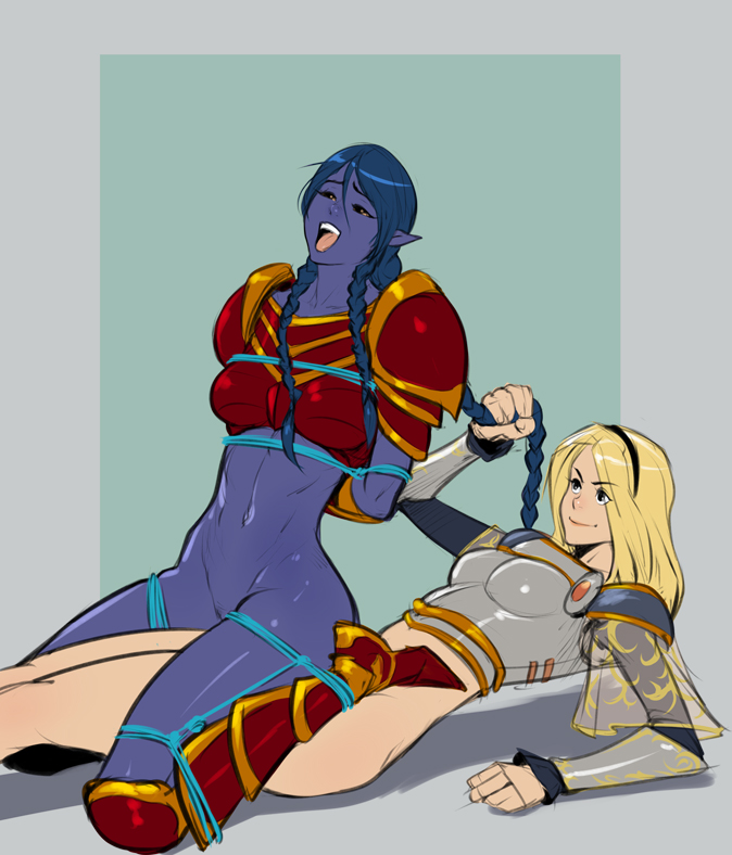 blonde_hair braid dominant domination futa_on_female futanari grin league_of_legends luxanna_crownguard open_mouth pointy_ears pulling_hair reverse_cowgirl_position shyvana smile tied_up