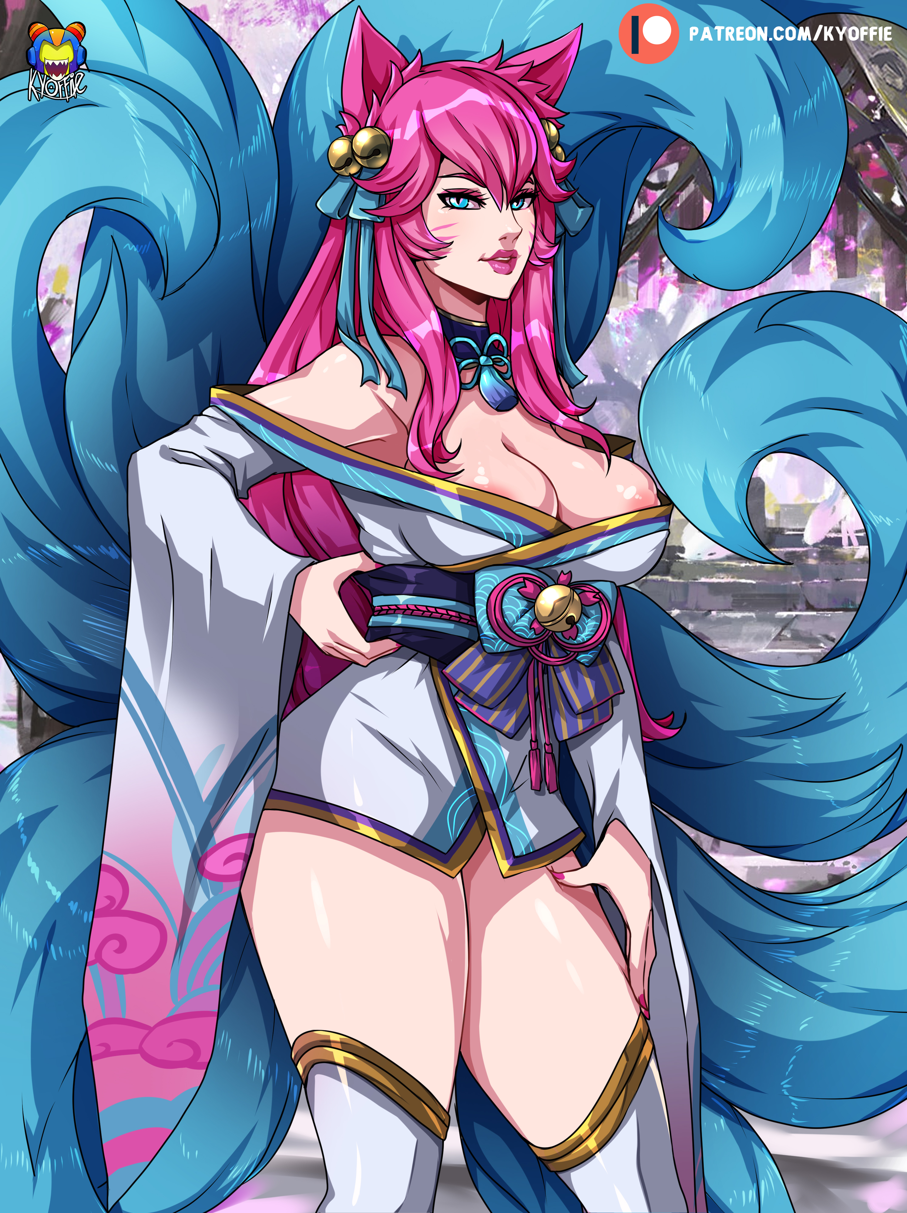 ahri, big breasts, blue eyes, breasts, female, kyoffie, league of legends, pink hair, spirit blossom ahri, spirit blossom series