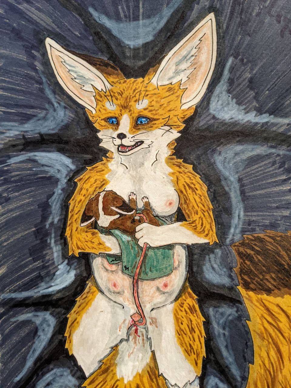 anatomically_correct anatomically_correct_genitalia anatomically_correct_pussy animal_genitalia animal_pussy anthro big_ears birth blood blue_eyes bodily_fluids canid canine canine_pussy colored female fennec fox fur genitals hi_res lying mammal mother mother_and_child multi_nipple nella newborn nipples on_back parent parent_and_child pregnant pregnant_belly pussy ravasker semi-anthro tears teats traditional_media_(artwork) umbilical_cord yellow_body yellow_fur