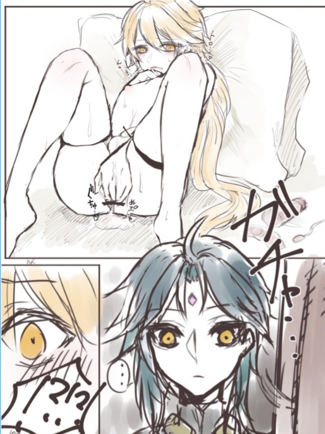 aether (genshin impact), amber eyes, anus, black hair, blonde hair, censored, femboy, fingering, gay, genshin impact, green highlights, long hair, male, male focus, male only, naked, nude, xiao (genshin impact), yellow eyes