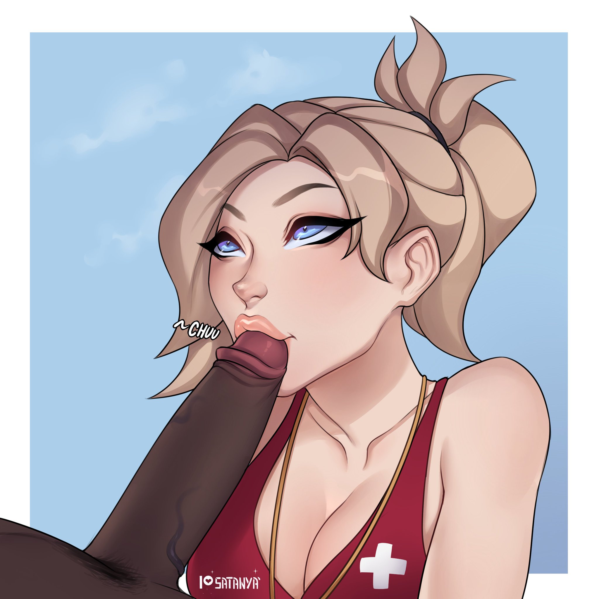 1boy, 1girls, absurd res, beach, big breasts, big penis, blonde hair, blue eyes, breasts, cleavage, dark skin, dark-skinned male, fellatio, female, hair up, heart-shaped pupils, interracial, kissing, kissing penis, lifeguard, light skin, light-skinned female, looking up, male, mercy, oral, overwatch, pale skin, pale-skinned female, penis, pointy ears, ponytail, pubic hair, red swimsuit, satanya, straight, swimsuit, thick lips
