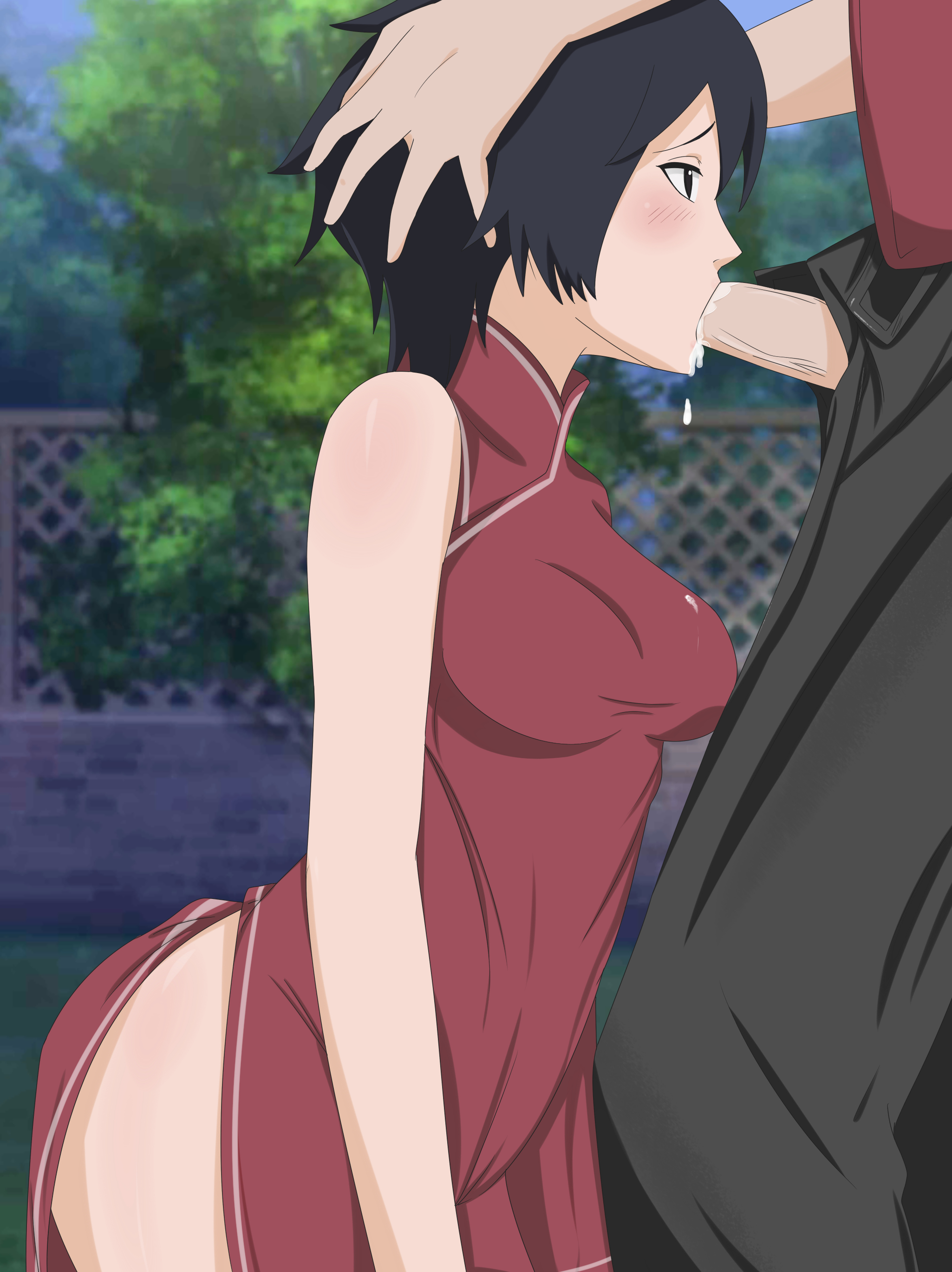 1boy, 1girls, ass, black eyes, black hair, blowjob, blue eyes, blush, boruto: naruto next generations, breasts, clothing, cum drip, cum in mouth, cum on body, cum on clothes, dress, ejaculation, erection, faceless male, fellatio, female, female focus, hand on head, holding head, kneeling, kurotsuchi, male, naruto, naruto (series), open clothes, open pants, oral, outside, pants, penis, penis out, short hair, side view, sleeveless, sleeveless dress, standing