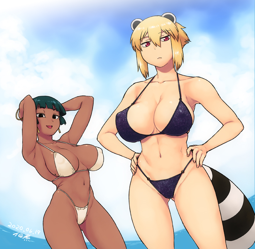 2girls araiguma-san armpits arms_up artist_name ass ass_visible_through_thighs bare_shoulders beach beachside belly belly_button big_breasts bikini black_hair blunt_bangs bob_cut breasts cleavage collarbone curvaceous curvy curvy_figure dark-skinned_female dark_skin dated earrings egyptian expressionless female female_only hands_on_hips huge_breasts jewelry large_breasts light-skinned_female light_skin looking_at_viewer mole mole_on_breast navel nefertari_(tsukudani) nipples_visible_through_clothing open_mouth original original_character raccoon_ears raccoon_humanoid raccoon_tail short_hair signature smile swimsuit thighs tsukudani_(coke-buta) water