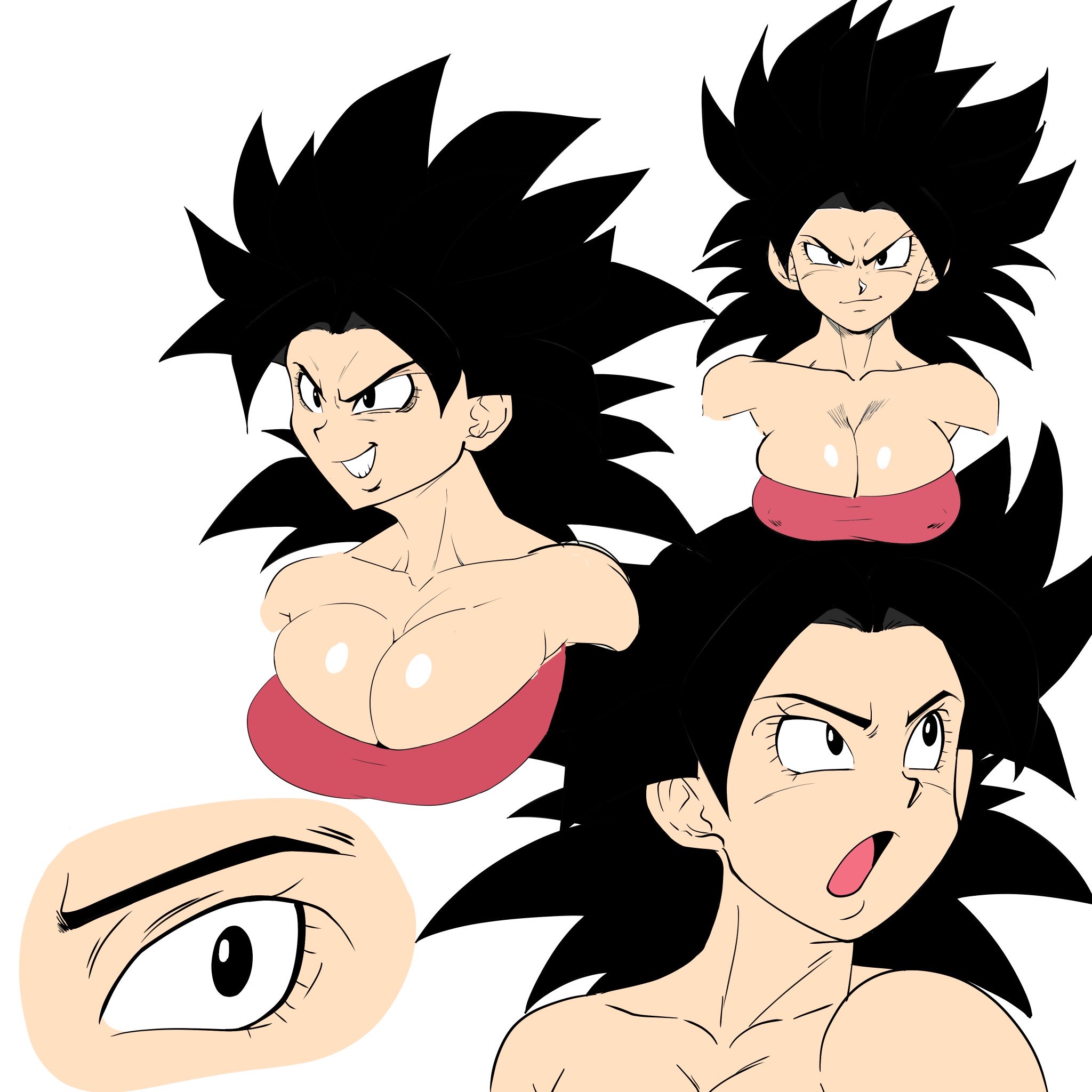 1girls, big breasts, black eyes, black hair, breasts, caulifla, colored, dragon ball, dragon ball super, female, female saiyan, light skin, light-skinned female, long hair, pseudocel, saiyan, solo, spiky hair, tight clothing, tubetop, universe 6 saiyan/universe 7 saiyan, universe 6/universe 7, white background