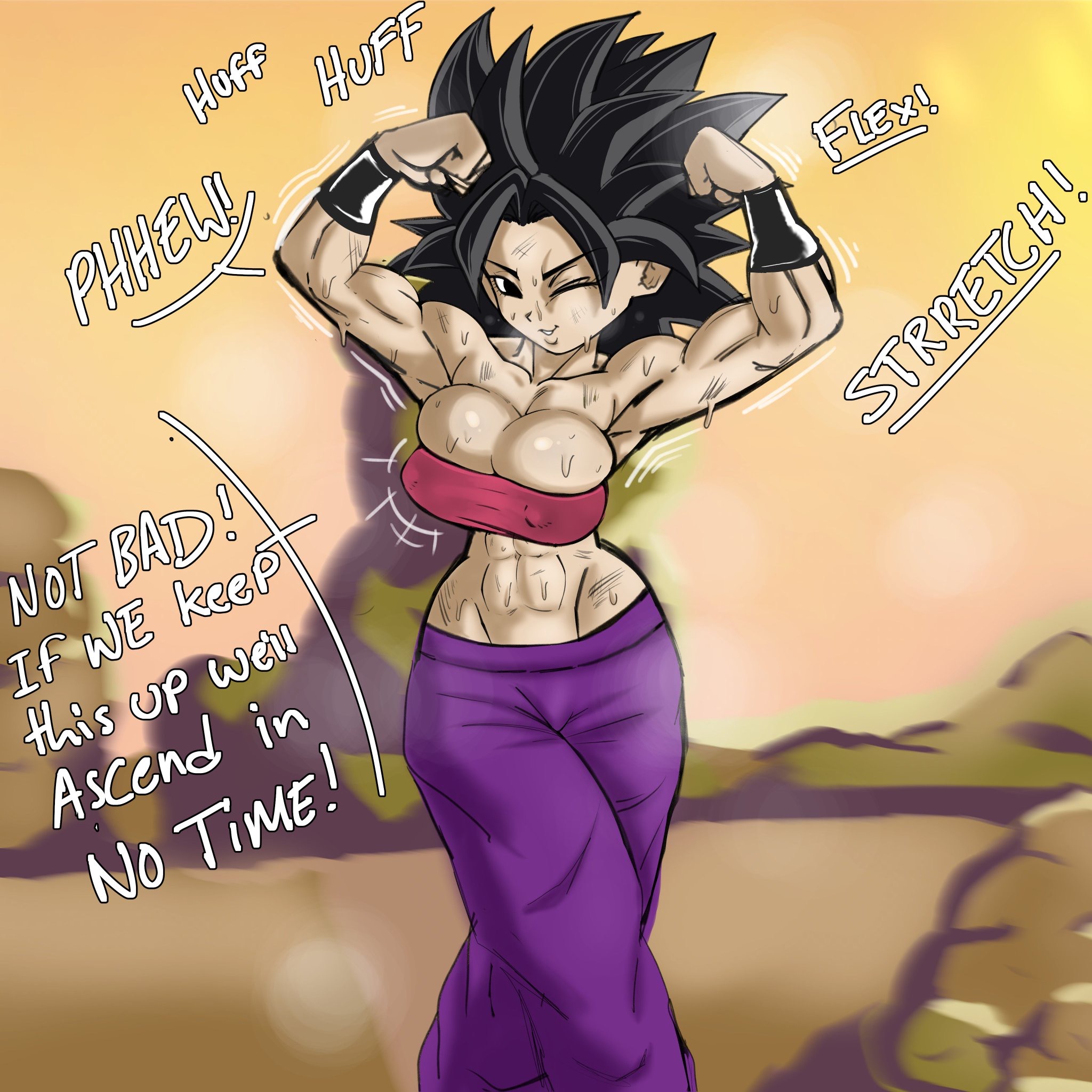 1girls, abs, baggy pants, big breasts, black hair, breasts, caulifla, clothed, clothing, dragon ball, dragon ball super, english text, female, female only, female saiyan, flexing, hair, large breasts, looking at viewer, muscular, muscular female, musk, musk clouds, musky, nipple bulge, one eye closed, pseudocel, saiyan, smell, smelly, solo, solo female, steam, steamy, sweat, sweatdrop, sweating, sweaty, text, tight clothing, tubetop, universe 6 saiyan/universe 7 saiyan, universe 6/universe 7, wink, wrist cuffs
