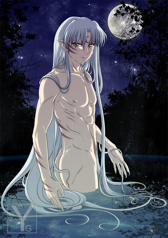 1boy abs bathing bathing_outside claws inuyasha long_hair male male_only moon night_sky nipples nude outside pale_skin pointy_ears sesshoumaru solo very_long_hair water yanagoya