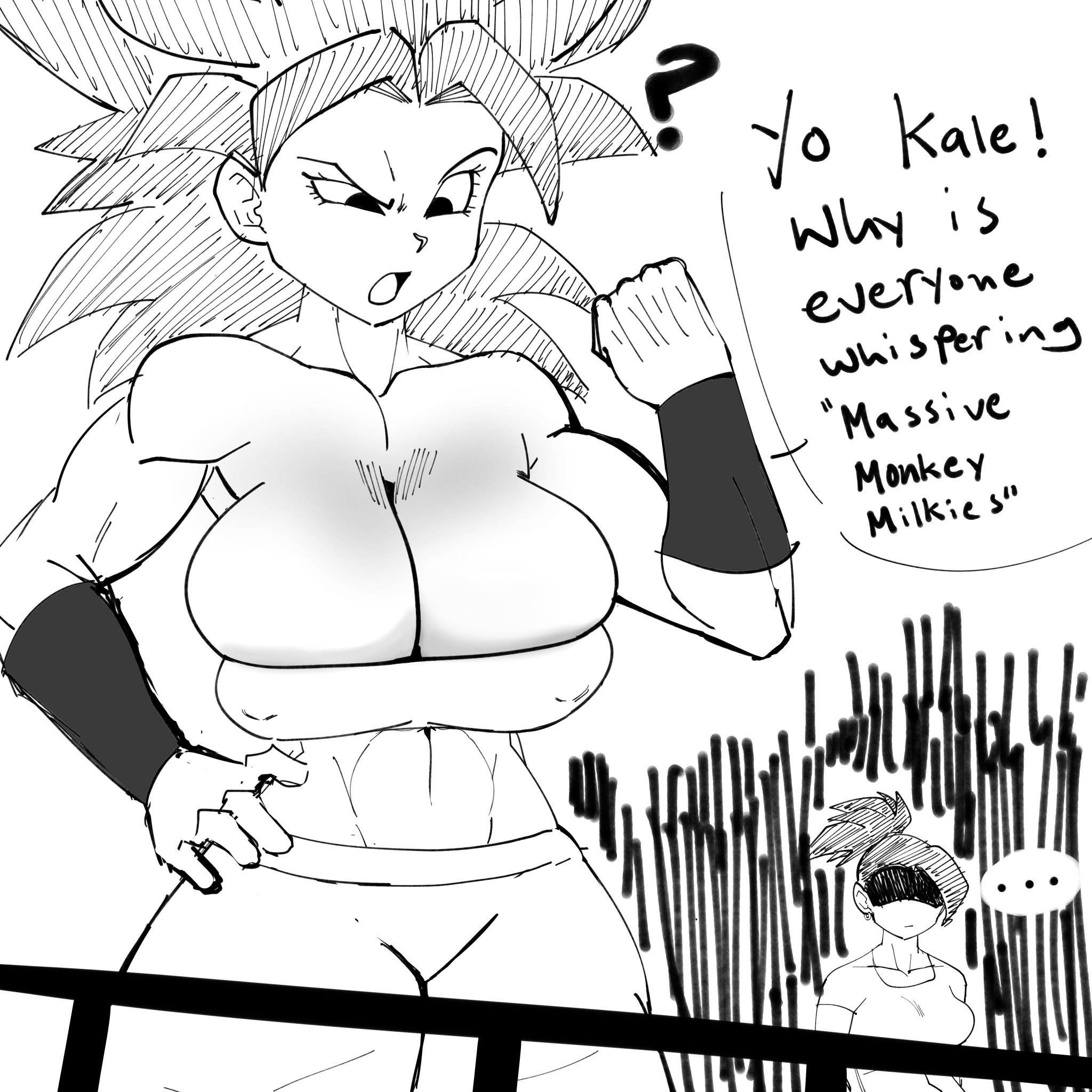 big breasts, black eyes, black hair, breasts, caulifla, dragon ball, dragon ball super, female, female saiyan, kale, long hair, monochrome, pseudocel, saiyan, spiky hair, universe 6 saiyan/universe 7 saiyan, universe 6/universe 7
