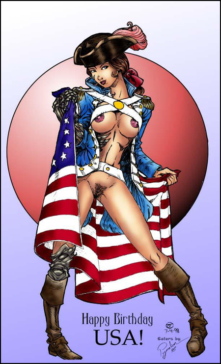 18th_century 1990s 1998 20th_century america american american_flag american_revolution boots bottomless breasts brown_boots brown_hair clothes color colored english_text female female_only flag front_view hat historical history human image_comics jacket knee_boots looking_at_viewer national_personification nipples open_jacket pale_skin pose pubic_hair pussy pygmalion_(artist) revealing_clothes solo standing tagme tcatt tricorne united_states united_states_of_america usa witchblade