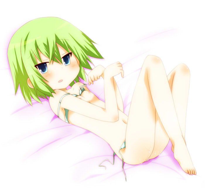 blue_eyes blush bra bra_lift flat_chest green_hair lingerie lucky_star minami_iwasaki navel nonoto panties pussy_juice short_hair side-tie_panties strap_slip underwear untied