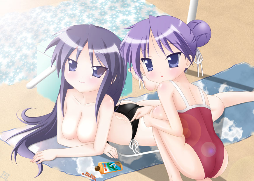 age_difference alternate_hairstyle beach bikini breasts cleavage double_bun hiiragi_miki kagami_hiiragi lucky_star miki_hiiragi mother_and_daughter one-piece one-piece_swimsuit purple_eyes purple_hair rodori_gesu swimsuit topless